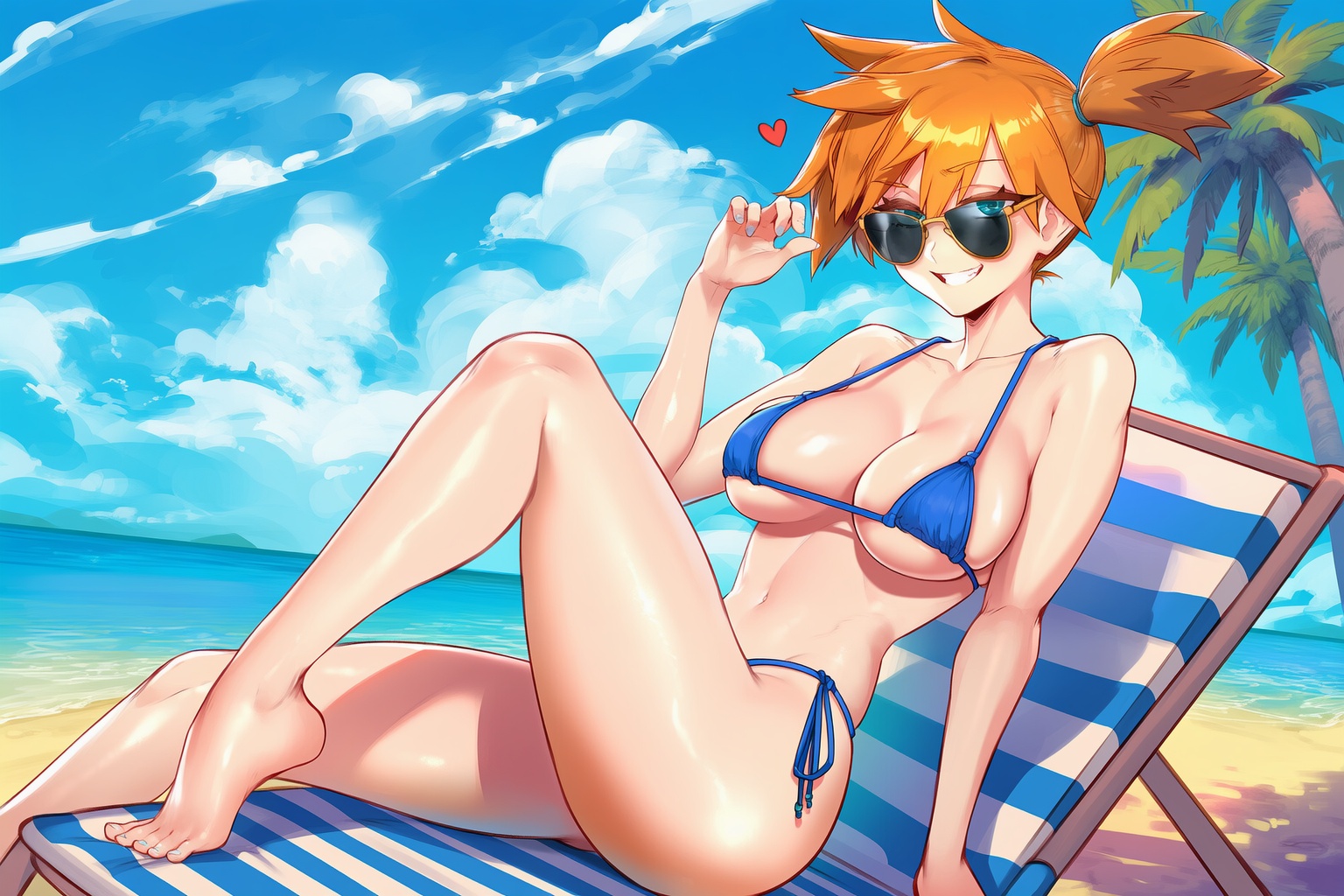 1girls, 2d, adjusting eyewear, aged up, ai generated, aksn, alternate breast size, barefoot, beach, beach chair, big breasts, bikini, blue bikini, blue eyes, blue sky, breasts, chair, cleavage, clothing, cloud, collarbone, curvaceous, curvy, curvy figure, day, feet, female, female only, fit, fit female, grin, hand on eyewear, hand up, kasumi (pokemon), knee up, large breasts, legs, looking at viewer, looking over eyewear, looking over sunglasses, lounge chair, micro bikini, navel, ocean, older, orange hair, outdoors, palm tree, pokemon, ponytail, reclining, sand, shiny skin, short hair, side ponytail, side-tie bikini bottom, sitting, skinny, sky, smile, solo, strap gap, string bikini, sunglasses, swimsuit, thighs, tinted eyewear, toenails, toes, toned, tree, underboob, water