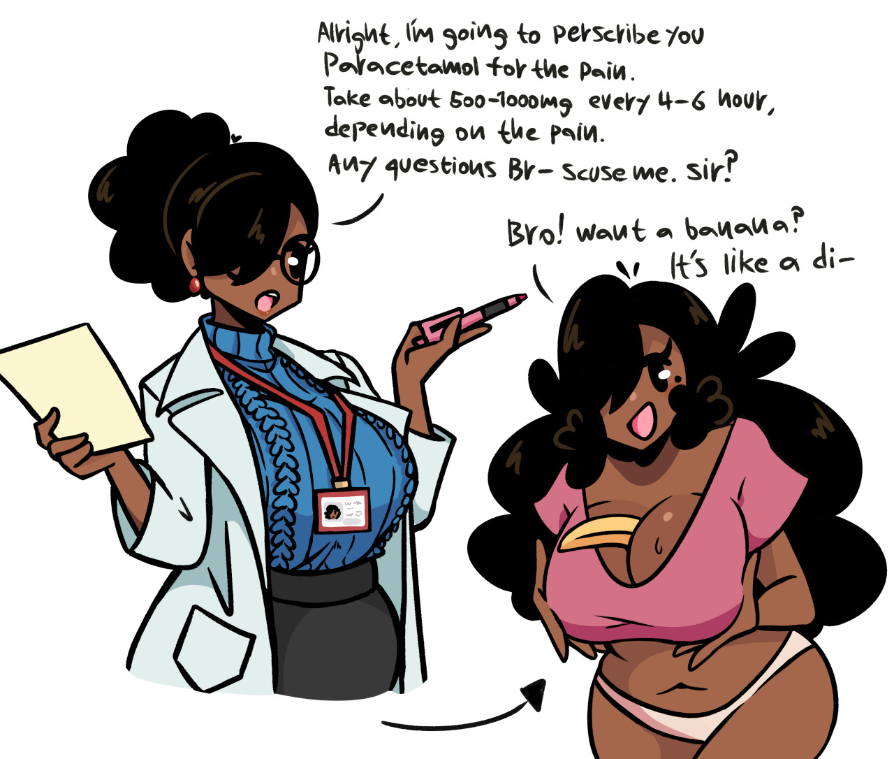 1girls, 2025, banana, big breasts, black hair, blue sweater, breasts, bro (murgoten), coat, doctor, earring, female, glasses, holding own breasts, id card, labcoat, loose hair, mob face, mole, mole under eye, murgoten, nurse, object between breasts, paper, pen, seductive look, simple background, simple eyes, sweater, text, white background, white coat, wide hips, working