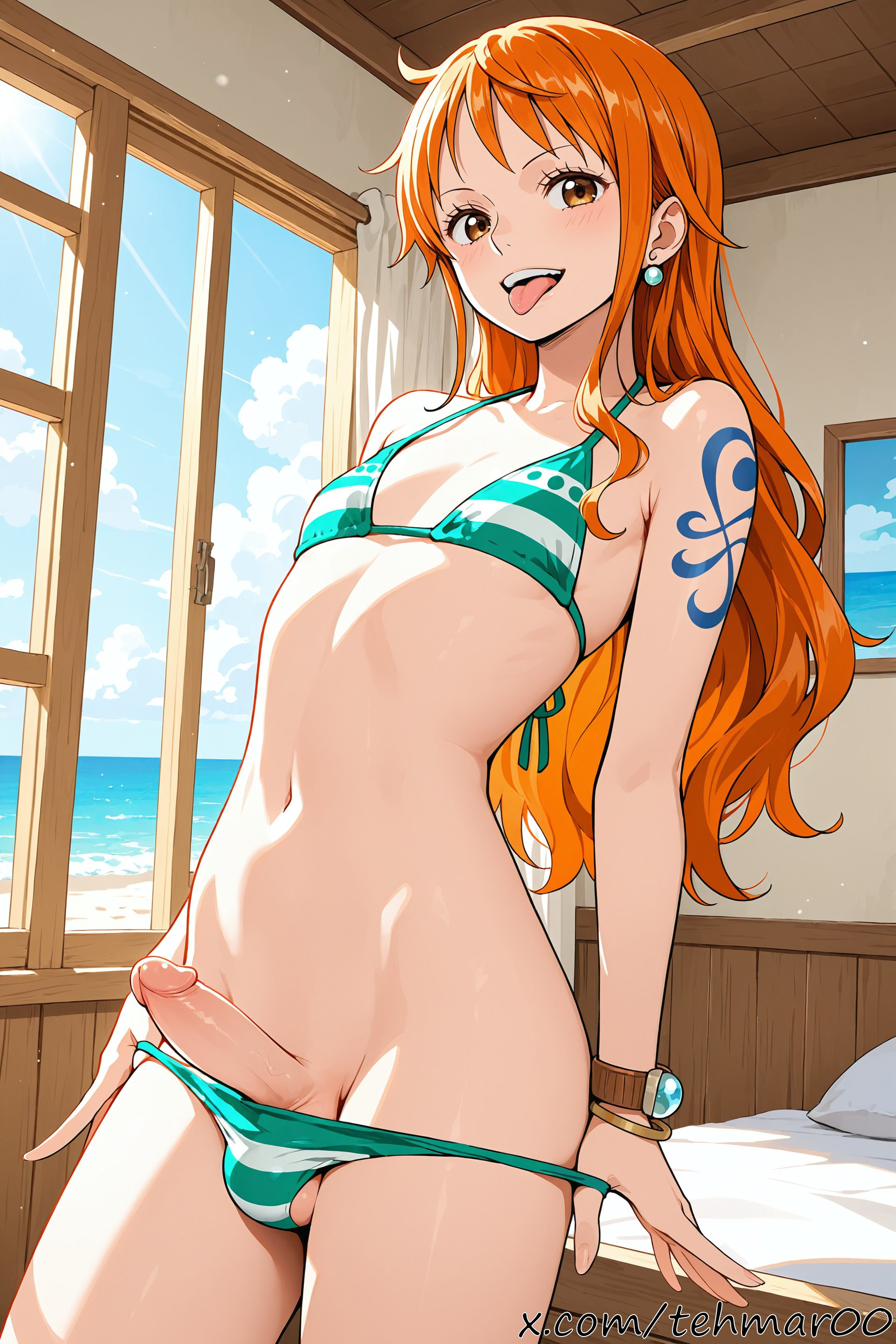 1boy, ai generated, balls, bed, bikini, bikini pull, bikini top, blue sky, blush, bracelet, clothes pull, cloud, collarbone, cowboy shot, day, earrings, erection, femboy, genderswap (ftm), green bikini, indoors, jewelry, long hair, looking at viewer, male, male nami, male only, nami (one piece), navel, ocean, one piece, open mouth, orange eyes, orange hair, penis, pulled by self, rule 63, shoulder tattoo, sky, smile, solo, standing, striped, tagme, tattoo, tehmar, testicles, tongue, tongue out, trans woman, transfem, trap, window