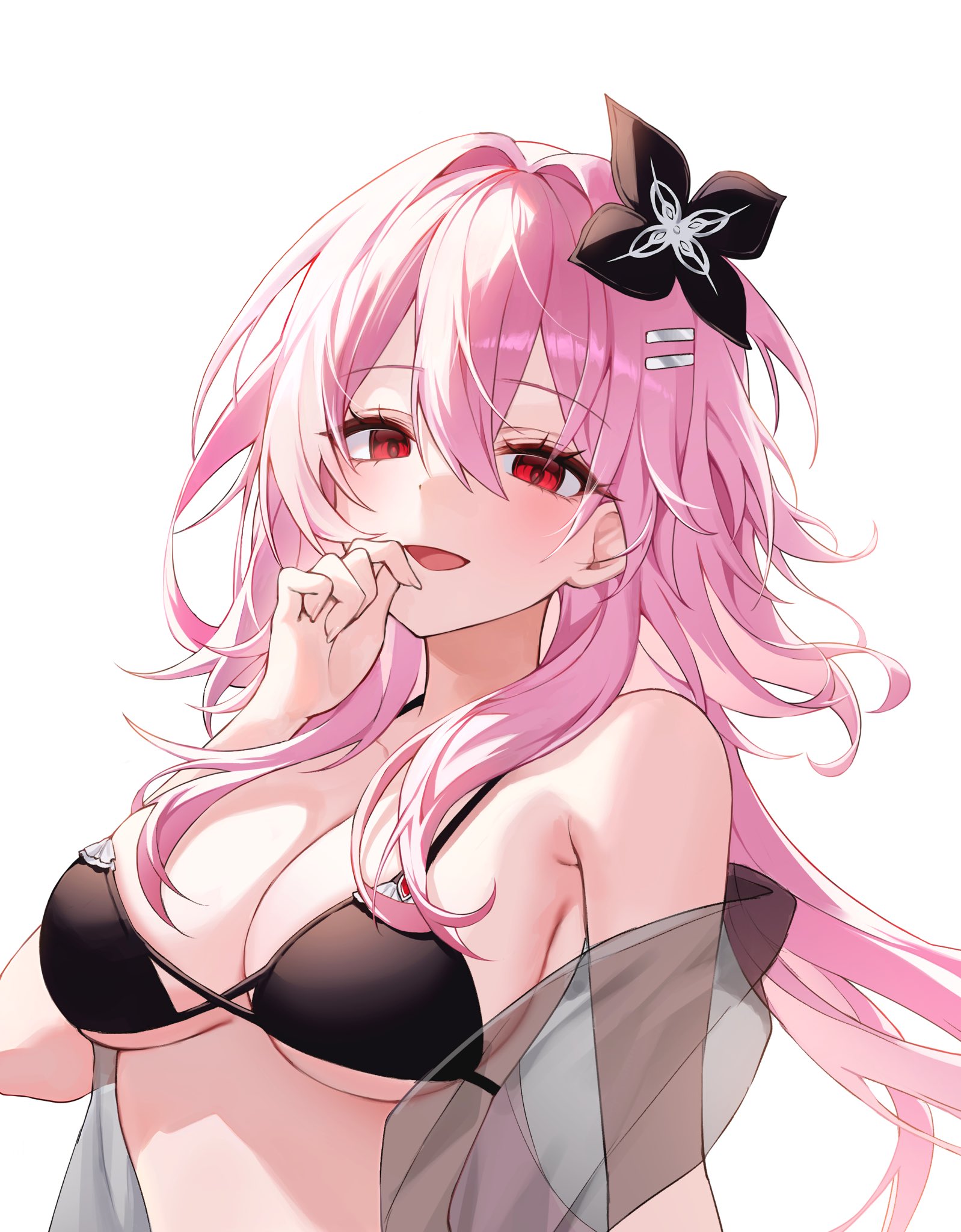 1girls, black bra, black ribbon, bra, breasts, evernight (honkai: star rail), female, honkai: star rail, long hair, march 7th (honkai: star rail), overboob, pink hair, red eyes, ribbon, soymilk s2