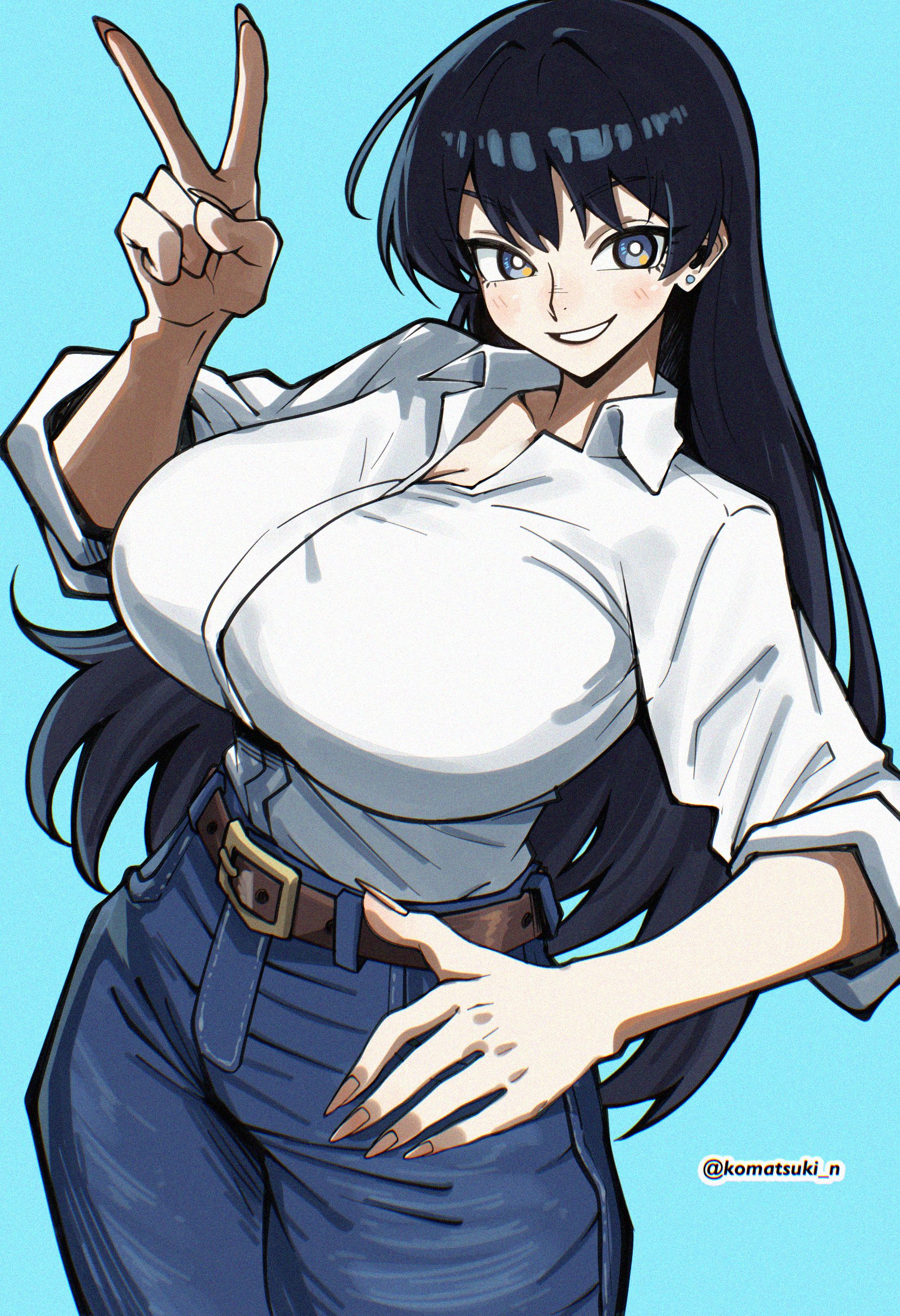1girls, absurdres, arato nagi, belt, belt buckle, black hair, blue background, blue eyes, blue pants, blush, breasts, bright pupils, brown belt, buckle, cleavage, collared shirt, commentary, curvy, denim, dress shirt, earrings, female, female only, film grain, fingernails, hand on own hip, hand up, highres, hourglass figure, huge breasts, human, human female, jeans, jewelry, komatsuki n, large breasts, light-skinned female, long fingernails, long hair, mature female, pants, ruri no houseki, sharp fingernails, shirt, shirt tucked in, simple background, slim waist, smile, solo, standing, stud earrings, thick thighs, tsurime, twitter username, v, white pupils, white shirt, wide hips