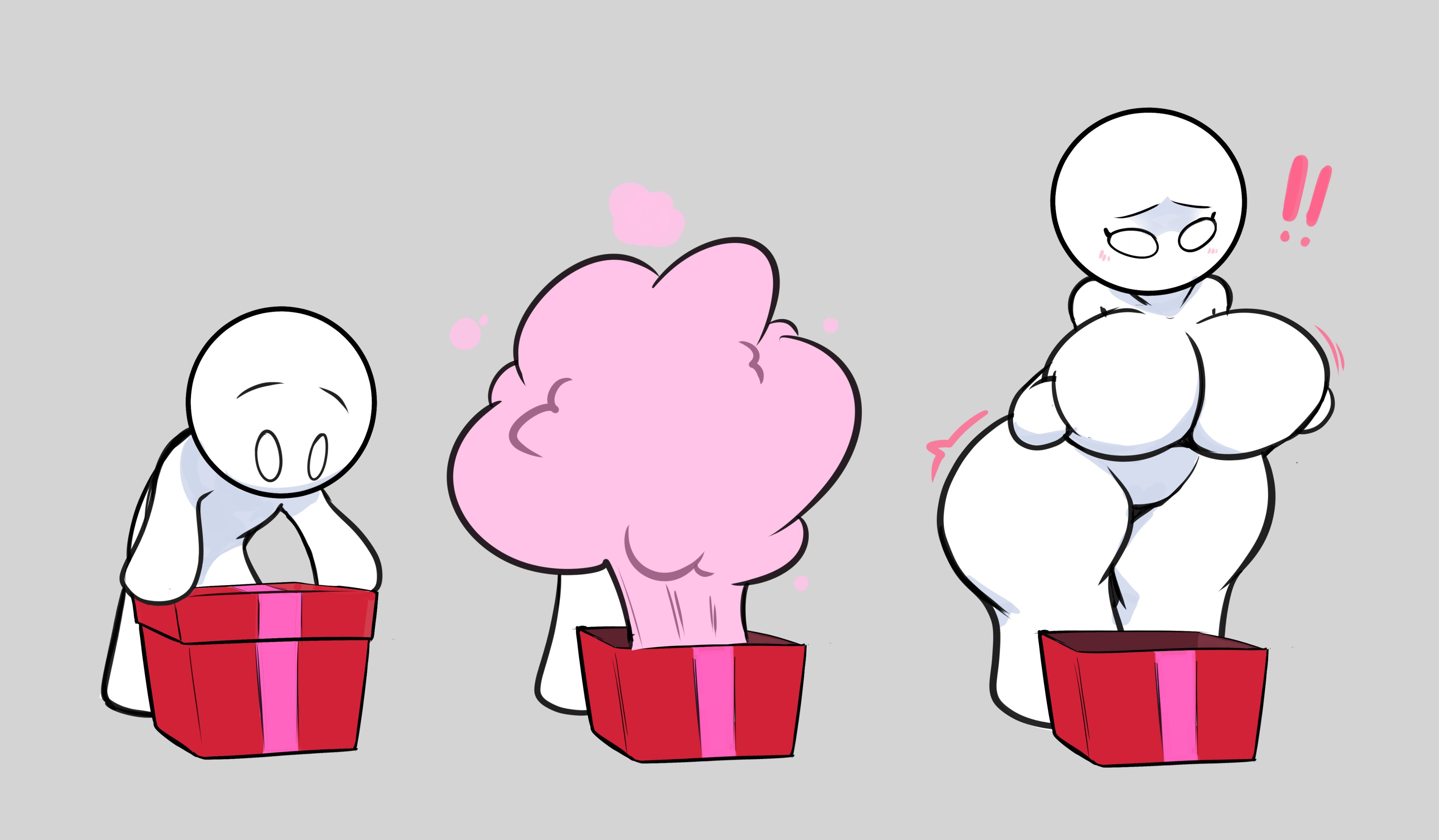 !!, 2d, anon, anonymous female, anonymous male, ass expansion, bald, bald female, bald woman, breast expansion, breasts, breasts bigger than head, dreamerknights, female, gas, gender transformation, gift, gift box, grabbing breasts, grabbing own breast, grey background, hourglass figure, hourglass figured female, male, mtf transformation, simple background, surprised, surprised expression, transformation, transformation sequence, white skin, ych