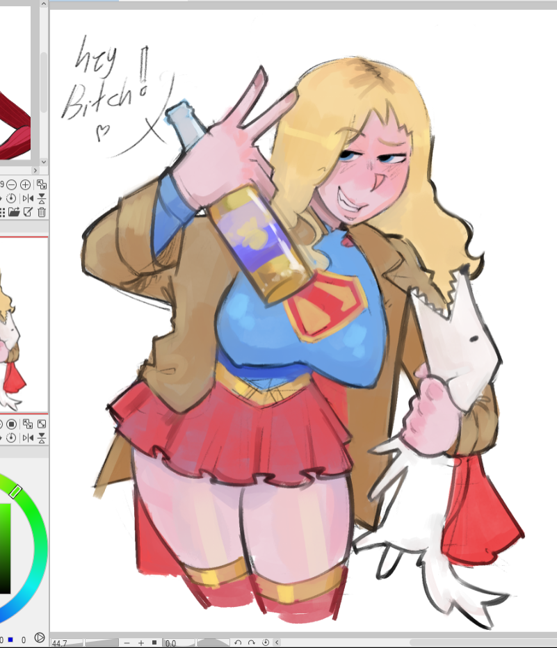 1girls, alcoholic drink, alcoholism, blonde hair, blue eyes, canine, dialogue, domestic dog, drunk, english text, fanart, female, female focus, female only, krypto, krypto the superdog, kryptonian, short skirt, skuunk02, supergirl, supergirl (dcu), superheroine, superman, superman (2025), superman 2025, text, trenchcoat, twitter link, wip