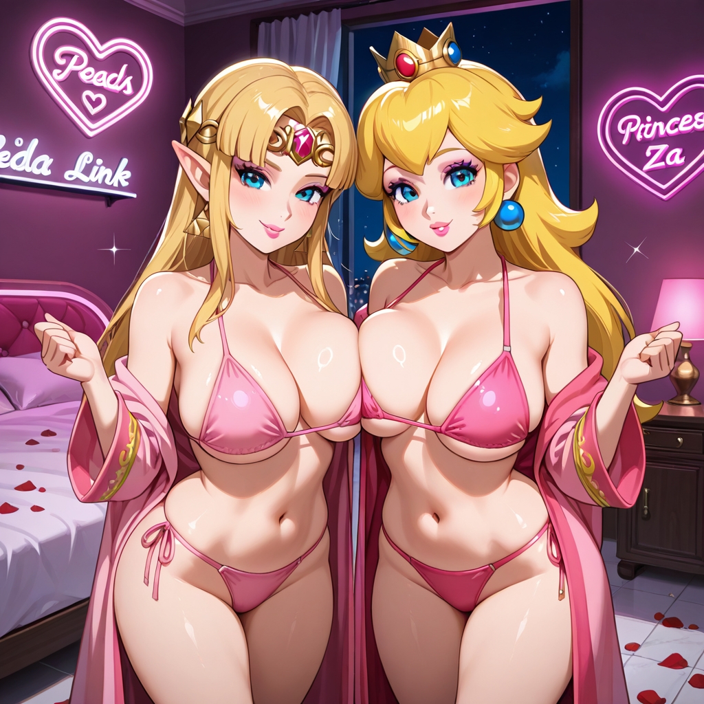2girls, ai generated, bedroom, breasts, female, flirting, large breasts, looking at viewer, nintendo, pink bikini, pink robe, princess peach, princess zelda, super mario bros., the legend of zelda, zelda (a link between worlds)