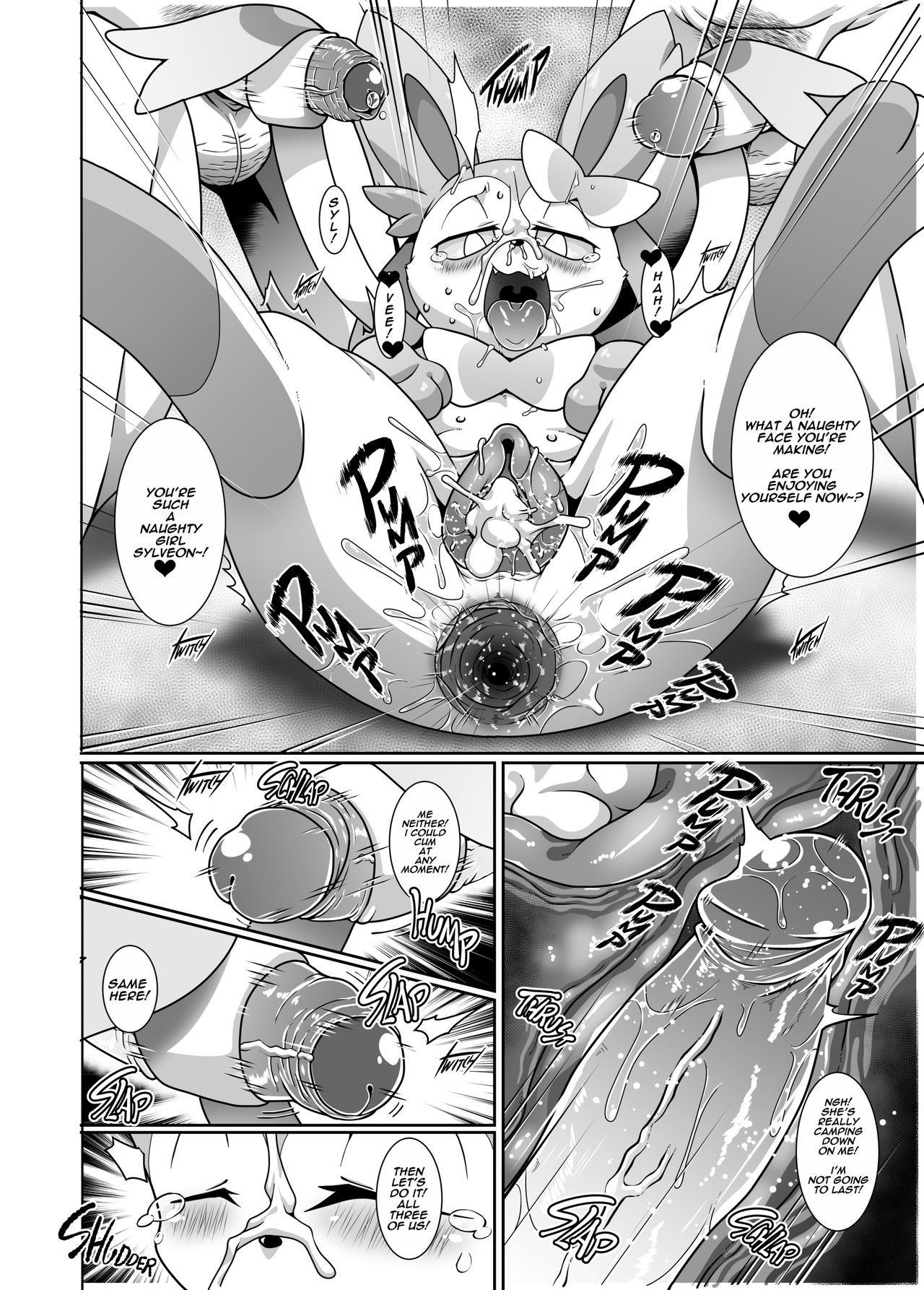 anal sex, animal genitalia, anus, balls, blush, canine pussy, comic, cum, cum in nose, cum in pussy, cum on face, double masturbation, doujinshi, eeveelution, english, english text, female, foreskin, gaping anus, gaping pussy, generation 6 pokemon, genitals, kikunyi, male, male on feral, mammal, masturbation, paws, penis, pokemon, pokemon (species), pokemon xy, pokephilia, pubic hair, pussy, sweat, sylveon, tears, uncircumcised, uncut, veiny penis, zoophilia