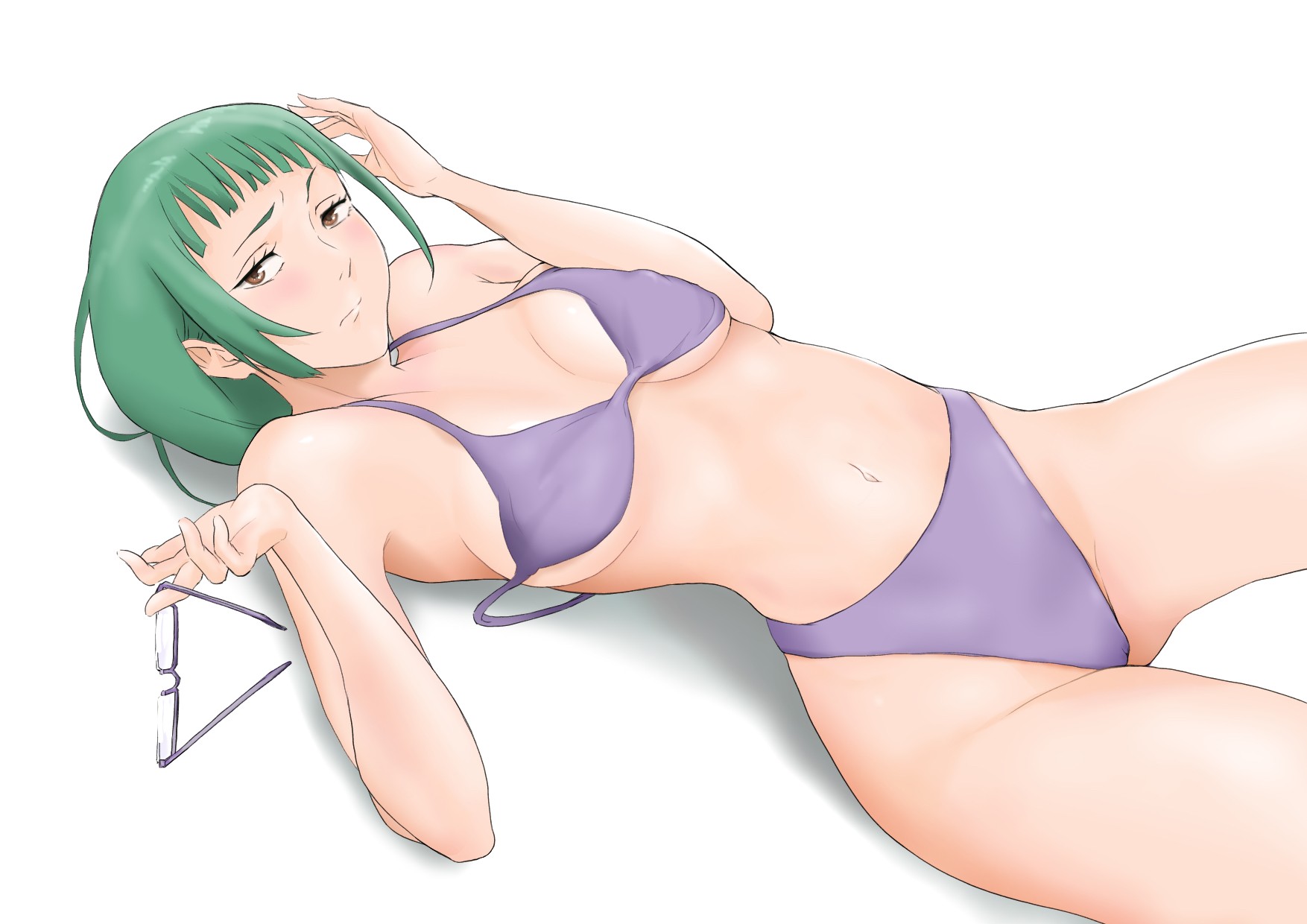 1girls, bare armpits, bare arms, bare belly, bare chest, bare hands, bare hips, bare legs, bare midriff, bare navel, bare shoulders, bare skin, bare thighs, belly, belly button, big breasts, bikini, bikini bottom, bikini only, bikini top, breasts, brown eyes, brown eyes female, busty, busty female, busty teenager, collarbone, curvaceous, curvaceous body, curvaceous female, curvaceous figure, curvaceous hips, curvaceous teenager, curvy, curvy body, curvy female, curvy figure, curvy hips, digital, digital art, digital drawing, digital drawing (artwork), digital media, digital media (artwork), elbows, exposed armpits, exposed arms, exposed belly, exposed chest, exposed hips, exposed legs, exposed midriff, exposed navel, exposed shoulders, exposed skin, exposed thighs, female, female focus, female only, fingers, green hair, green hair female, green-haired female, groin, halterneck, head tilt, high resolution, high school student, highres, hourglass figure, jujutsu kaisen, large boobs, large breasts, lean figure, long hair, looking at viewer, lying, lying down, lying on back, lying on floor, medium breasts, midriff, narrow waist, navel, nipple bulge, on back, pixiv id 74411726, plump breasts, purple bikini, purple bikini bottom, purple bikini top, purple string bikini, purple swimsuit, purple swimwear, resting breasts, schoolgirl, shoulders, sidelocks, simple background, slender body, slender waist, slim waist, solo, string bikini, swimsuit, swimwear, teenage female, teenager, thick thighs, thighs, tilted head, upper body, white background, wide hips, young female, young woman, zenin maki