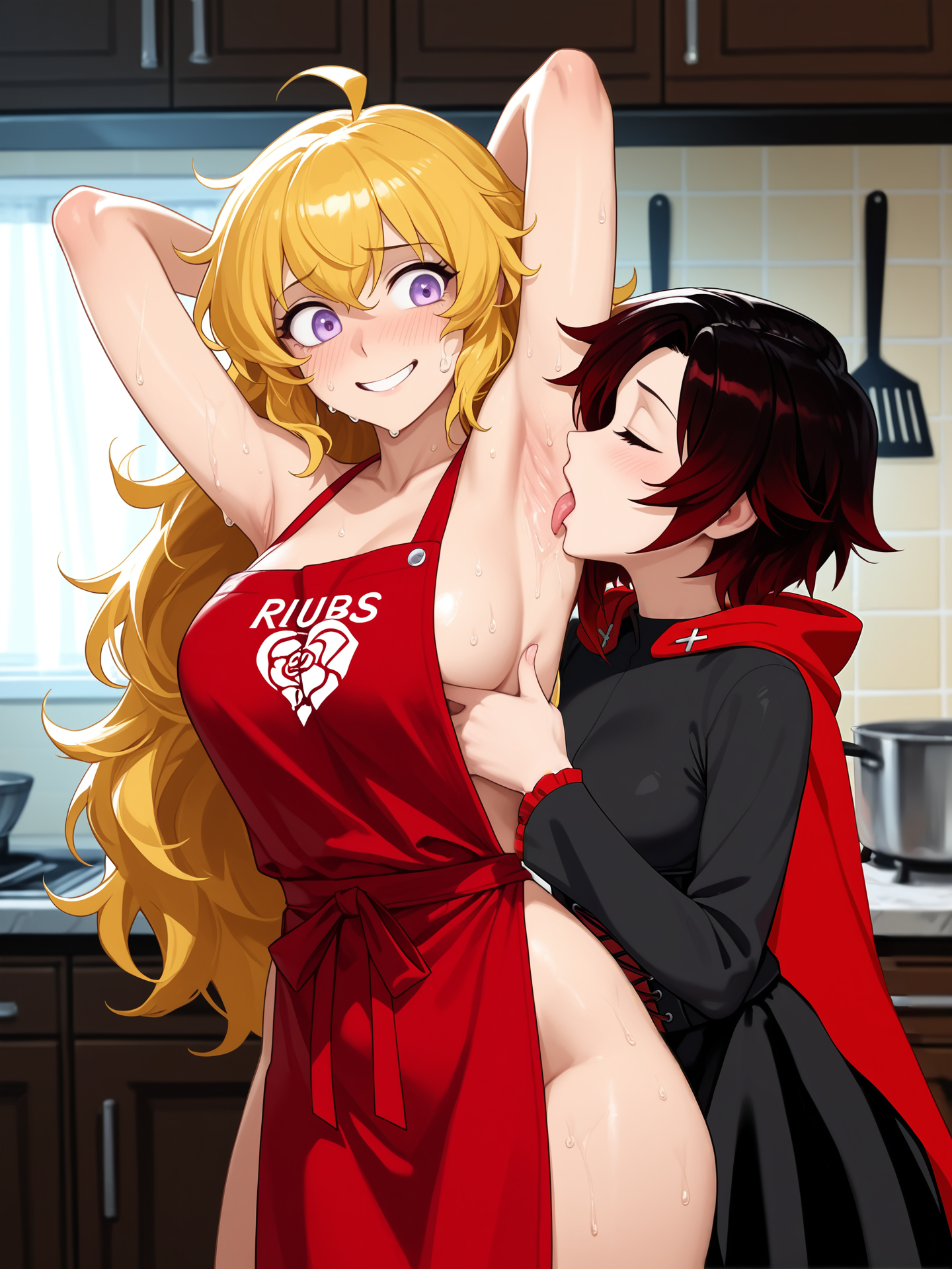 2girls, ai generated, armpit fetish, armpit licking, female, female only, horny, incest, ruby rose, rwby, sisters, sweat, yang xiao long, yuri