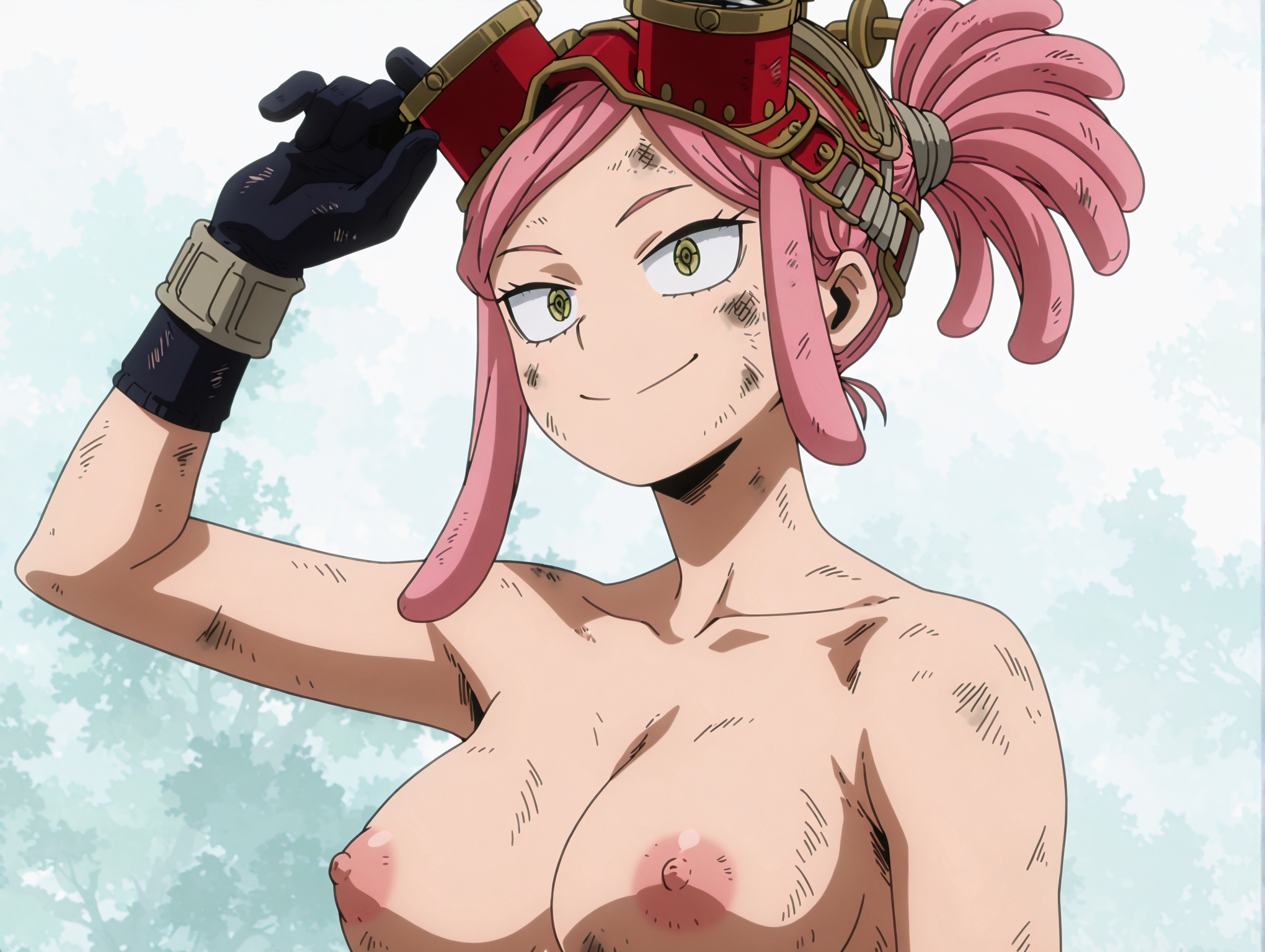 1girls, accurate art style, adjusting eyewear, ai assisted, ai generated, arm up, black gloves, boku no hero academia, breasts, closed mouth, collarbone, dirty, dirty face, female, gloves, goggles, goggles on head, green eyes, hatsume mei, large breasts, light smile, looking at viewer, medium hair, mei hatsume, my hero academia, nipples, nude, pink hair, pink-haired female, ponytail, short hair, simple background, smile, smirk, solo, spasibo15, topless, upper body, white background, yellow eyes