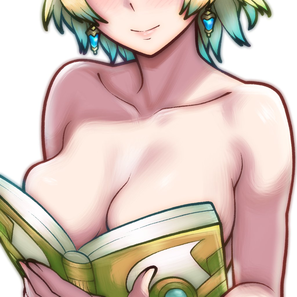 1girls, book, breasts, cleavage, female, fire emblem, fire emblem heroes, fjorm (fire emblem), large breasts, nintendo, ouch meme, rotomdocs, smile, solo