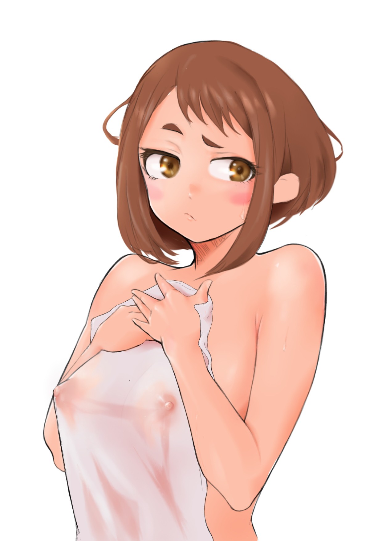 1girls, areolae, boku no hero academia, breasts, brown eyebrows, brown eyes, brown eyes female, brown hair, brown hair female, brown-haired female, busty, busty female, busty teenager, collarbone, digital, digital art, digital drawing, digital drawing (artwork), digital media, digital media (artwork), elbows, female, female focus, female only, fingers, high resolution, high school student, highres, holding towel, large breasts, lean figure, looking at viewer, medium hair, my hero academia, narrow waist, nipple bulge, nipples, ochako uraraka, pixiv id 74411726, pout, pouting, pouting at viewer, pouting lips, pouty lips, schoolgirl, shoulders, sidelocks, simple background, slender body, slender waist, slim waist, solo, standing, teenage female, teenager, towel, towel only, towel over breasts, uncensored breasts, uncensored nipples, upper body, white background, white towel, young female, young woman