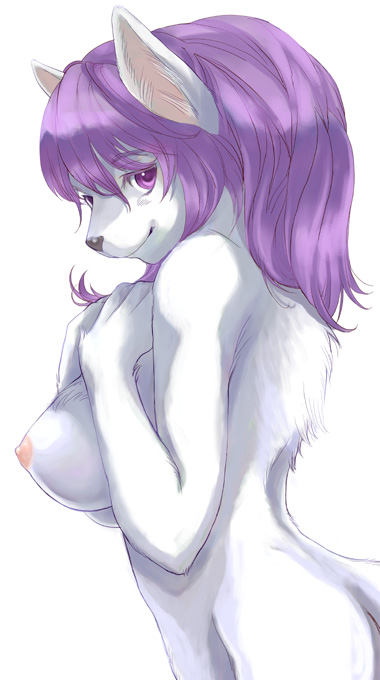 breasts canine female kogarah legend_of_mana purple_hair sierra solo white_body white_fur