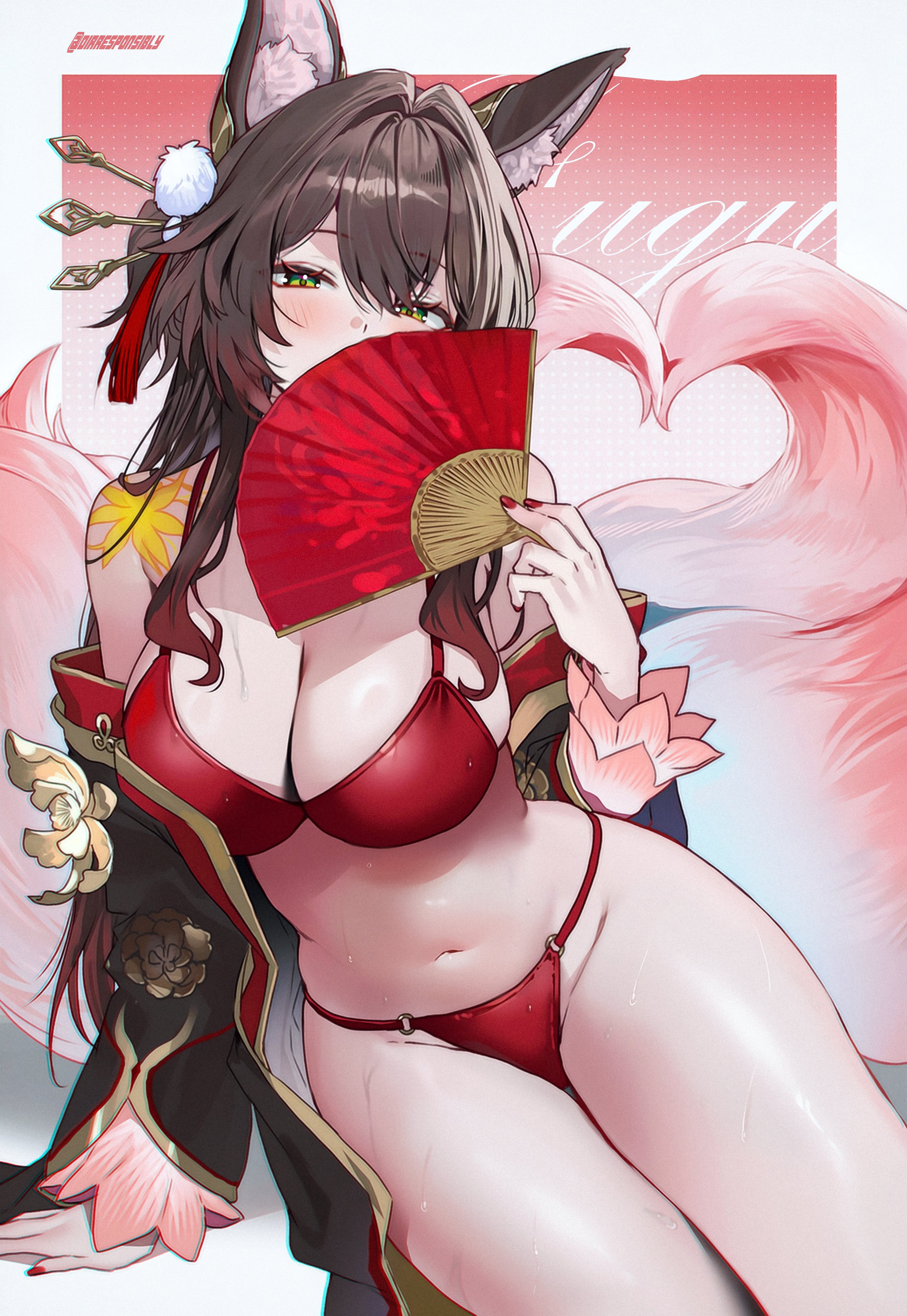 ai generated, brown hair, dirresponsibly, fan, female, folding fan, fox ears, fox girl, fox tail, fugue (honkai: star rail), green eyes, honkai: star rail, lingerie, long hair, red lingerie, tingyun (honkai: star rail)