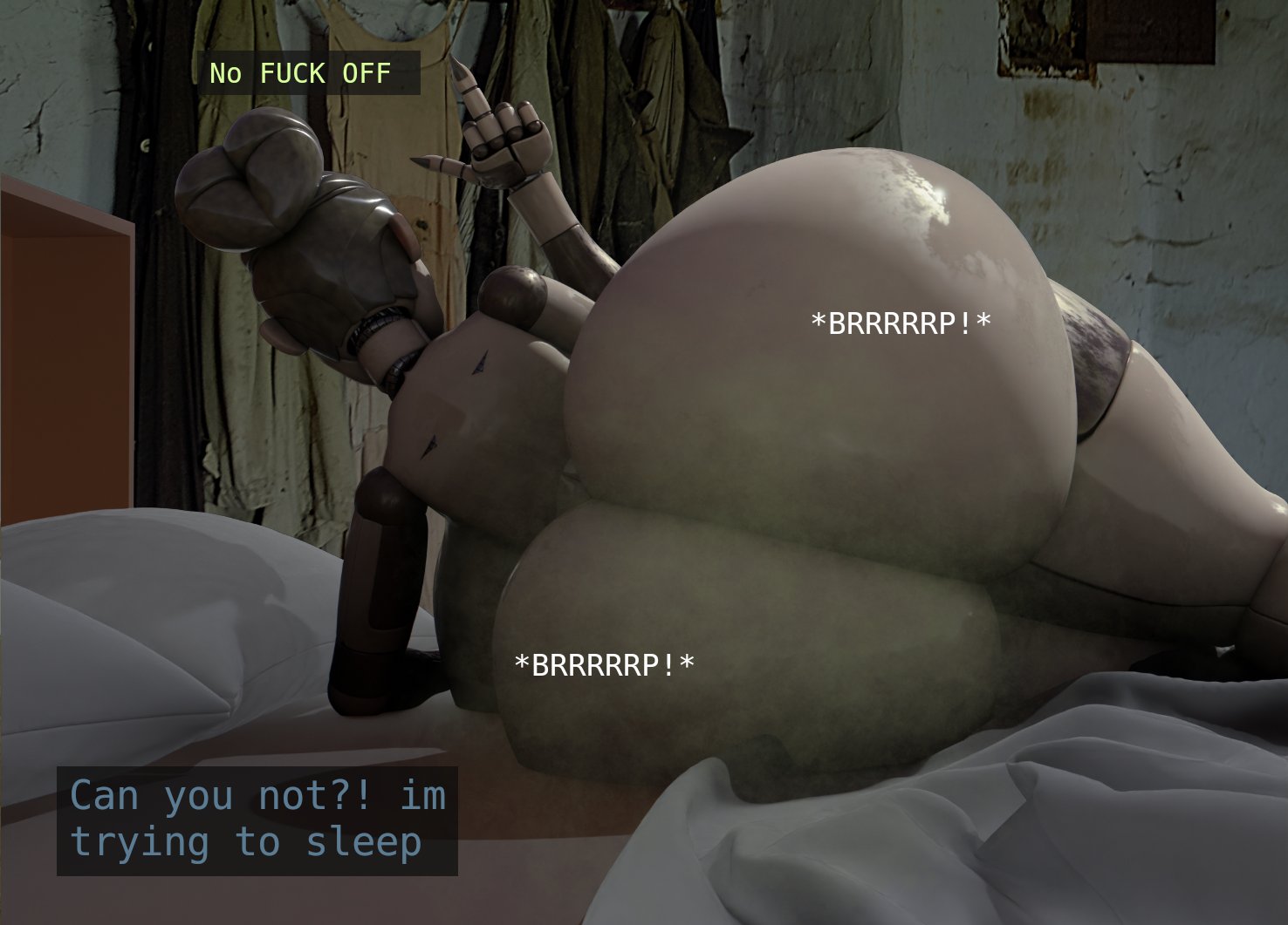 3d, 3d (artwork), alternate version available, ballora, ballora (cosmic trance), ballora (fnafsl), bimbo lips, breasts, cringe boi nsfw (artist), fart, female, five nights at freddy's, five nights at freddy's: sister location, huge ass, huge breasts, in bed, neet, neetlora