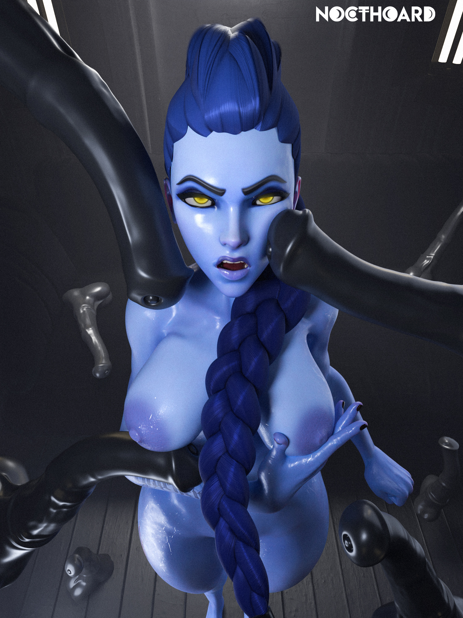 1girls, 3d, 3d artwork, 3d render, angry, ass, black dildo, black nails, blender, blue skin, breasts, dildo, female, gangbang, glowing eyes, grabbing own breast, hair braid, horse, horsecock, looking at viewer, male, multiple penises, neon lighting, nipples, nocthoard, nude, nude female, oiled, oiled body, overwatch, overwatch 2, penis, pov, pussy, pussy covered, solo, solo female, solo focus, standing, surrounded by penises, tattoo, thick ass, thick thighs, voluptuous, wet, wet skin, widowmaker, widowmaker (overwatch 2 suit)