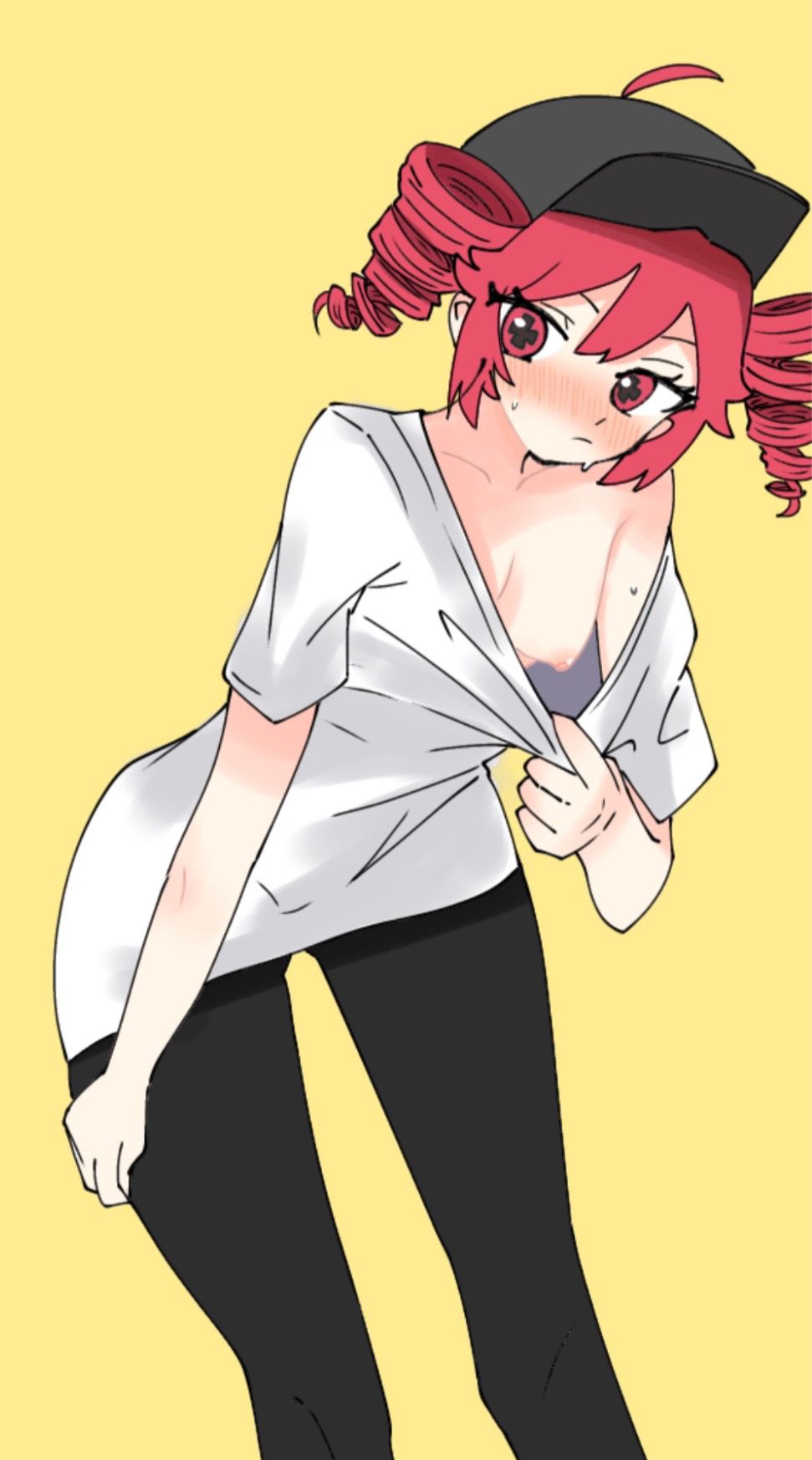 + +, 1girls, 2d, 2d (artwork), ahoge, ahoge through hat, areolae, ass visible through thighs, bending forward, blush, blush lines, blushing profusely, breasts, clothed, clothed female, clothing, curvy, curvy female, curvy figure, embarrassed, embarrassed female, female, female only, flashing, flashing breasts, grabbing own thigh, hat, kasane teto, kasane teto (sv), leaning forward, leggings, mv character, nipples, no bra, override (synthesizer v), oversized shirt, petite, petite body, petite female, red eyes, red hair, shirt, simple background, skinny, skinny female, slim female, slim waist, small breasts, solo, solo female, spidekawaii, sweat, sweating, synthesizer v, thick thighs, thighs, tight leggings, tight pants, twin drills, utau, wide hips, yellow background, yoga pants