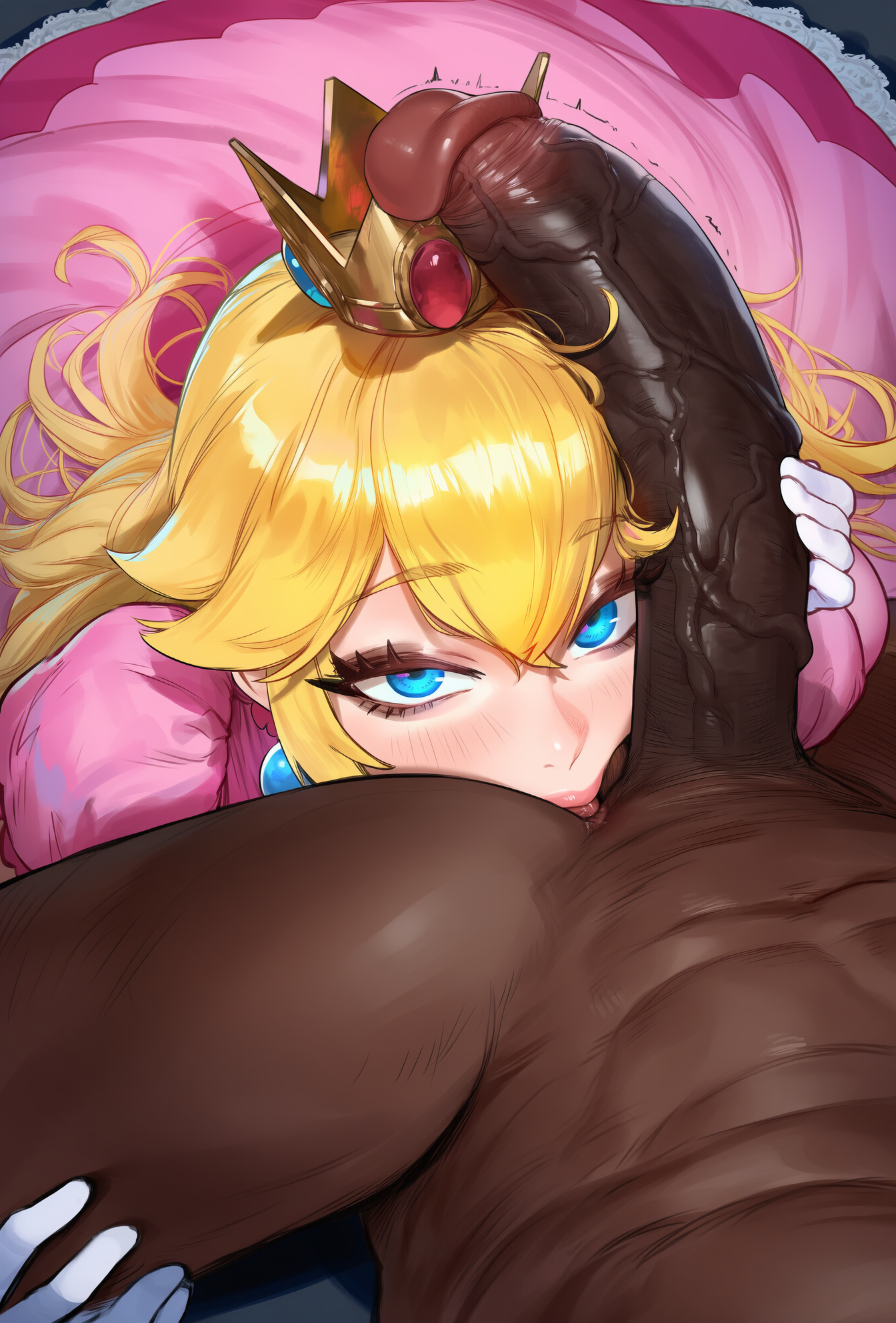 1boy, 1girls, abs, ai generated, aipotions, balls, balls sucking, blonde hair, blue eyes, blush, clothed female nude male, clothing, crown, curvaceous, curvaceous female, curvaceous figure, curvy, curvy figure, dark skin, dark-skinned male, dress, earrings, elbow gloves, erection, eyelashes, fellatio, female, female focus, from above, gloved handjob, gloves, hair between eyes, handjob, headwear, huge cock, human, human on human, interracial, jewelry, large penis, light skin, light-skinned female, lips, long hair, looking at viewer, makeup, male, male/female, mammal, mario (series), mini crown, muscular, navel, nintendo, nude, oral, penis, penis grab, penis on face, pink dress, pov crotch, princess, princess peach, royalty, sex, sphere earrings, straight, straight sex, super mario bros., testicles, trembling, veins, veiny penis, very dark skin, voluptuous, voluptuous female, white gloves