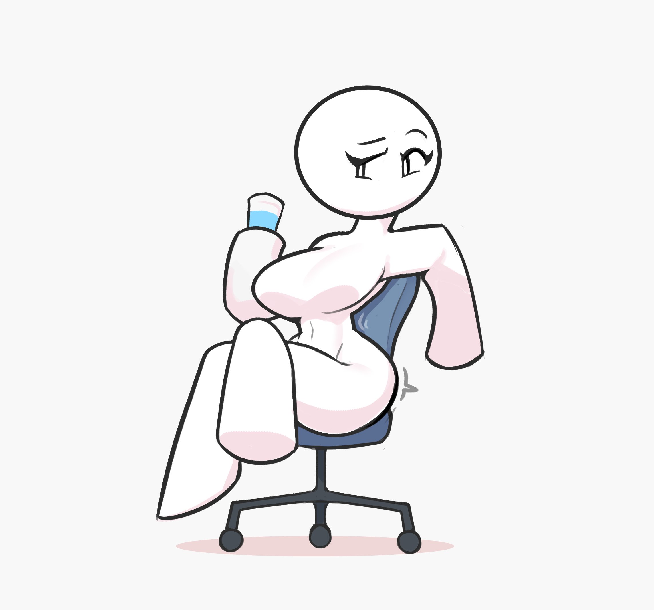 2d, after transformation, anon, anonymous female, ass, ass expansion, bald, bald female, bald woman, breast expansion, breast growth, breast growth (enlargement), breasts, chair, dreamerknights, expansion, female, glass, growth, growth drive, human, looking to the side, mtf transformation, simple background, thigh expansion, transformation, unaware, water, white background, white body, white skin