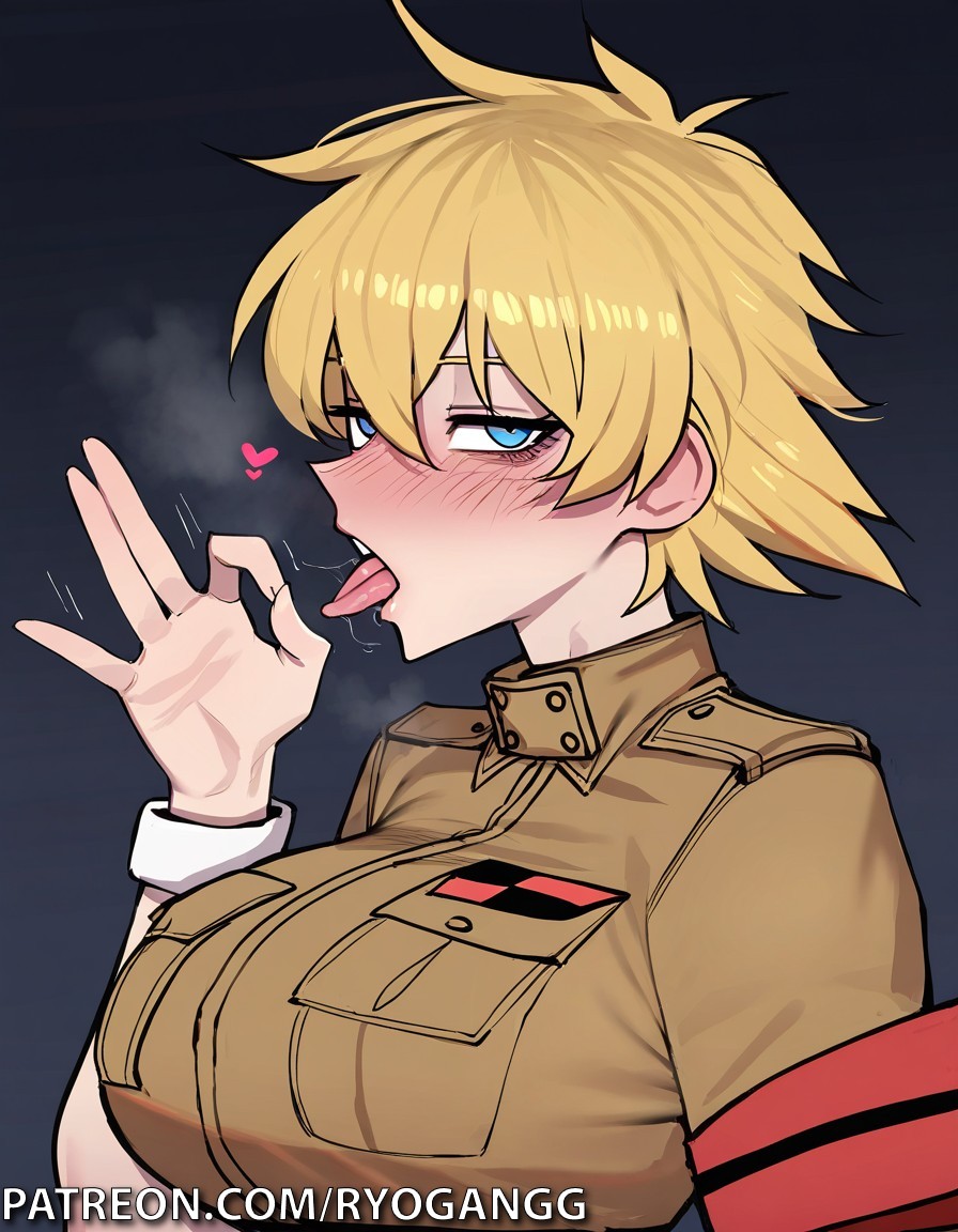 1girls, 2d, 2d (artwork), ai generated, alternate breast size, big breasts, blonde female, blonde hair, blonde-haired female, blowjob, blowjob gesture, breasts, female, hellsing, hellsing ultimate, high resolution, highres, large ass, large breasts, patreon, patreon username, ryogangg, seras victoria, short hair, thick thighs, uniform, wide hips