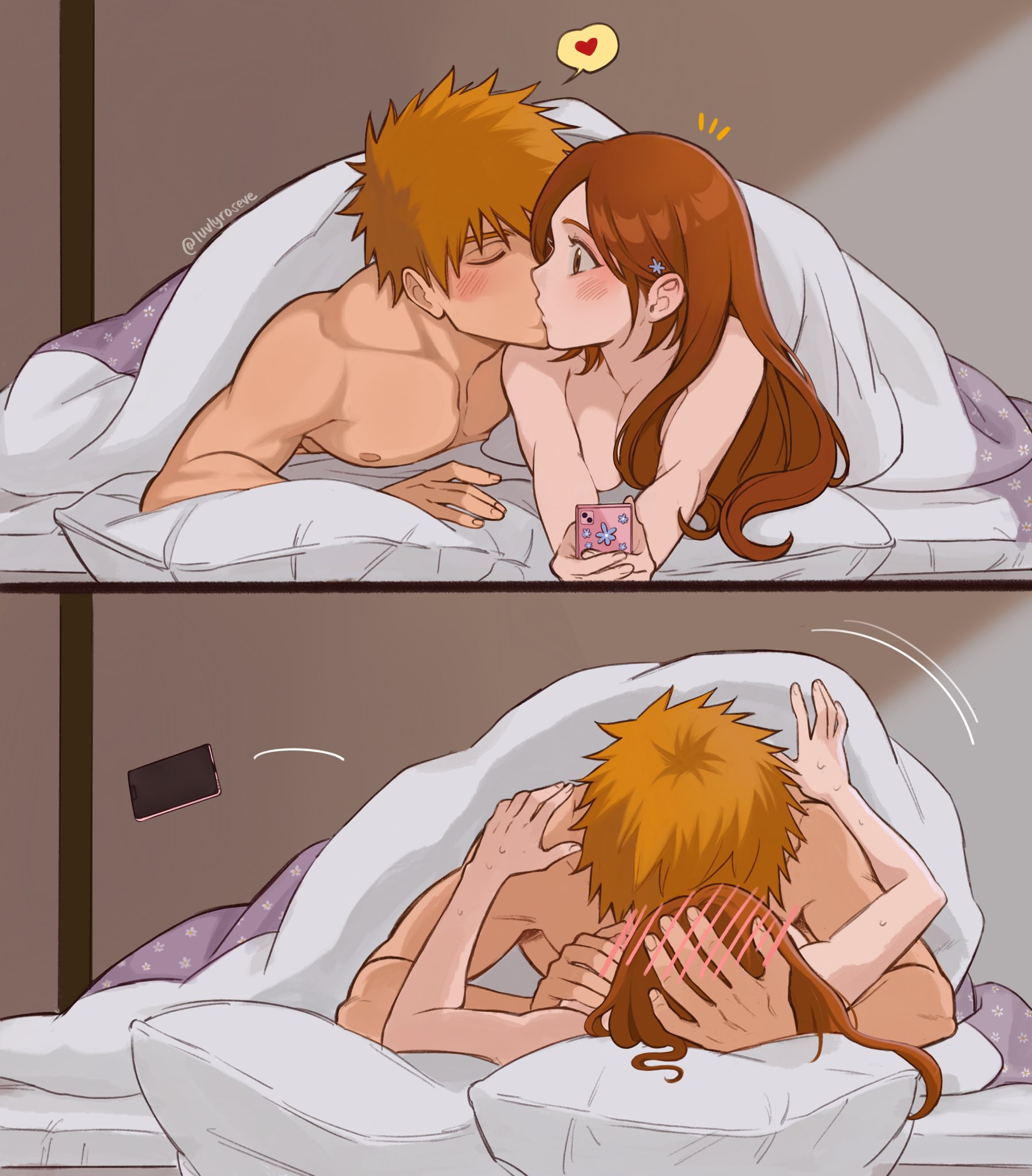 1boy, 1boy1girl, 1girls, after sex, another round, arms around partner, artist name, artist signature, barely visible nipples, bedroom, big breasts, bleach, blush, blushing profusely, breast grab, breasts, canon couple, closed eyes, color, comic, completely nude, duo, female, full-face blush, grey eyes, hair ornament, hand on another's head, hand on another's shoulder, heart, highres, husband and wife, ichigo kurosaki, in bed, inner sideboob, inoue orihime, kissing, large breasts, light-skinned female, light-skinned male, lighting, long hair, looking at partner, looking at phone, love, luvlyroseve, lying, lying on back, lying on bed, lying on stomach, male, married couple, motion lines, muscular, muscular male, nipples, orange hair, romantic, romantic couple, shoulder grab, sideboob, speech bubble, spiky hair, spoken heart, straight, surprised, sweat, under covers, unseen female face, unseen male face, watermark, wholesome, wide eyed