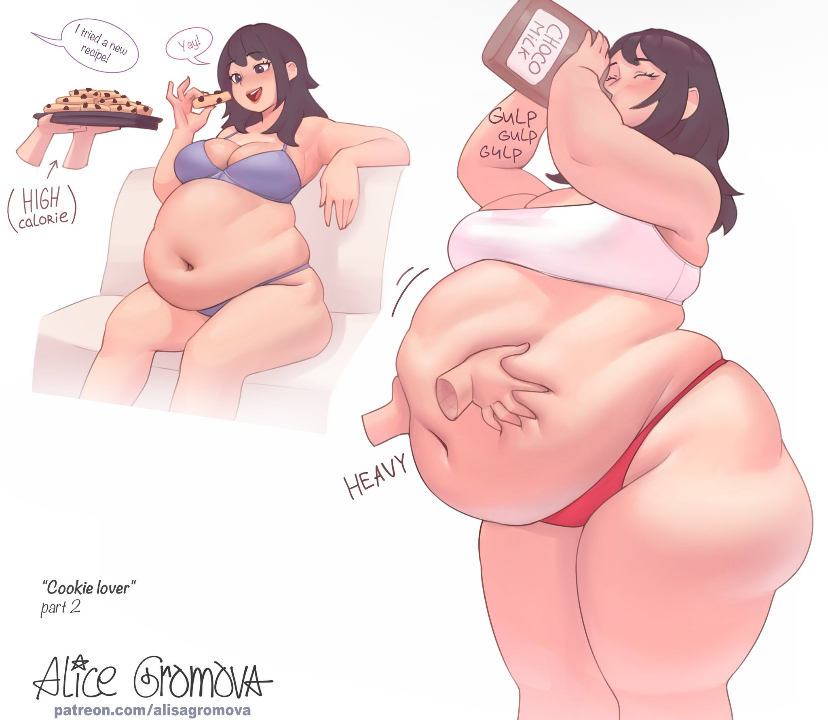 1girls, alice gromova, bbw, belly grab, drinking, exposed belly, fat ass, fat thighs, female, grabbing, grabbing belly, huge belly, light skin, light-skinned female, weight gain