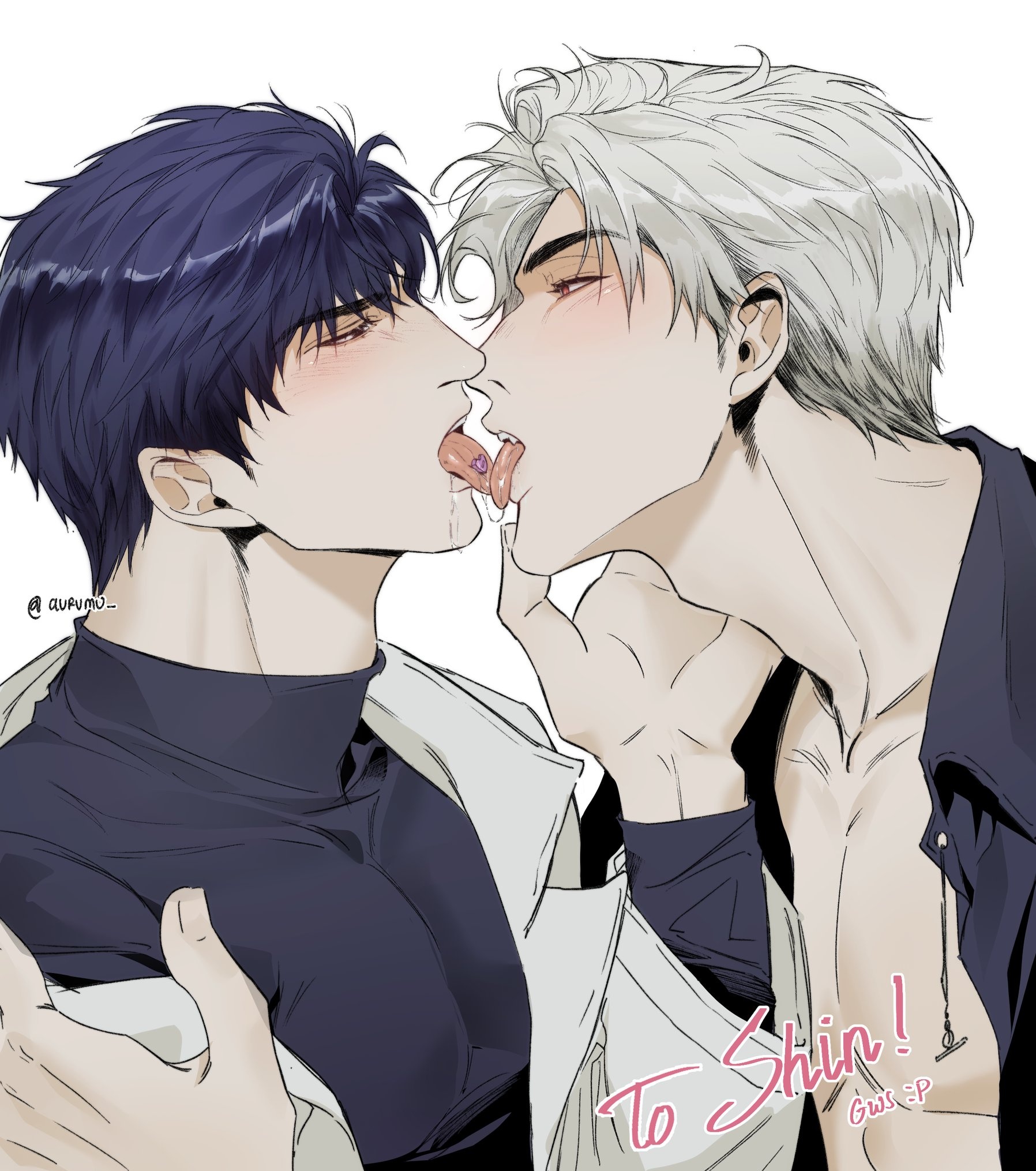 2boys, blush, clothed, colored, gay, kissing, licking, looking at another, looking at partner, love and deep space, making out, male, male only, male/male, muscular, muscular male, saliva, short hair, silver hair, sylus (love and deep space), text, tongue, watermark, yaoi, zayne (love and deep space)