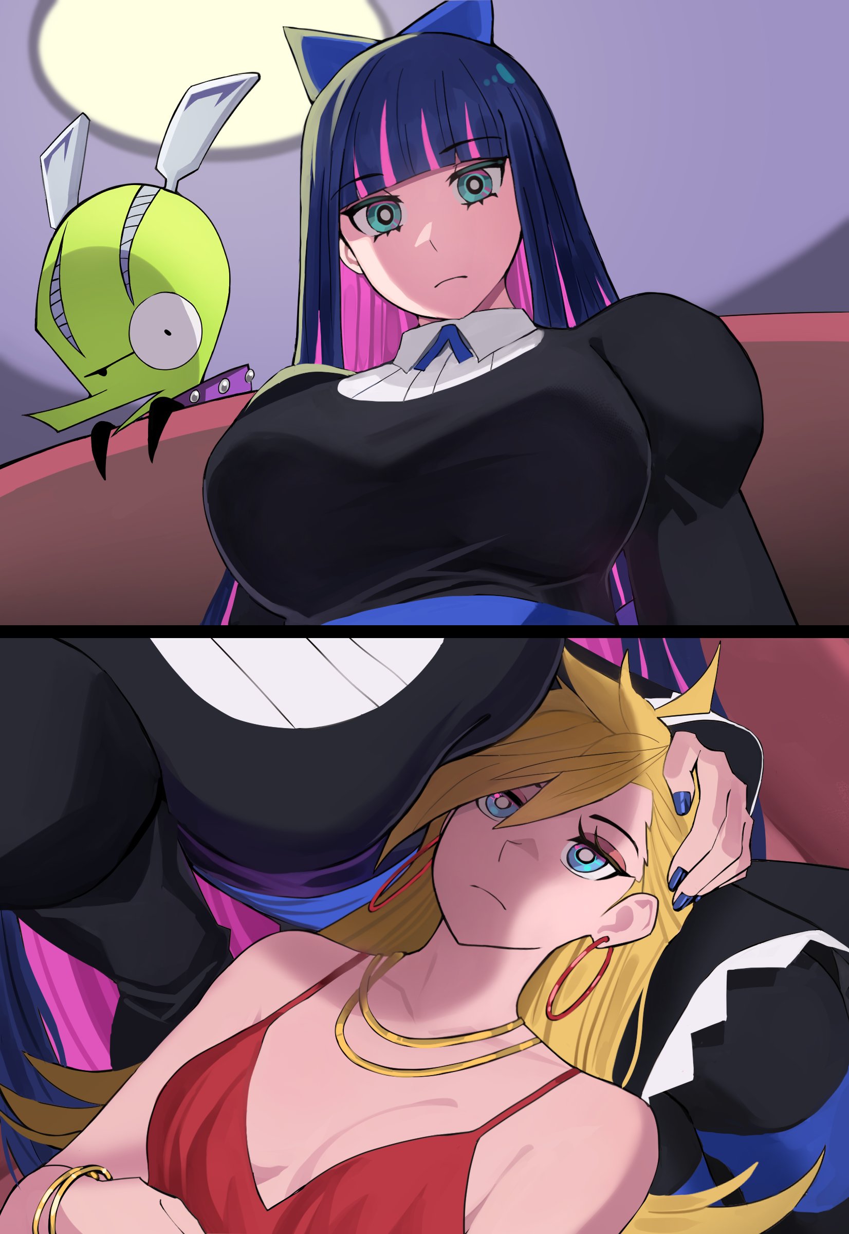 2girls, absurdres, bangle, bare shoulders, black dress, blonde hair, blue eyes, blue hair, bracelet, breasts, bright pupils, chuck (psg), cleavage, colored inner hair, commentary, dress, earrings, female, female only, frieren lap pillow (meme), highres, hoop earrings, jewelry, jourd4n, juliet sleeves, lap pillow, long sleeves, meme, multicolored hair, multiple females, multiple girls, panty & stocking with garterbelt, panty anarchy, puffy sleeves, purple hair, red dress, scene reference, spaghetti strap, stocking anarchy, white pupils