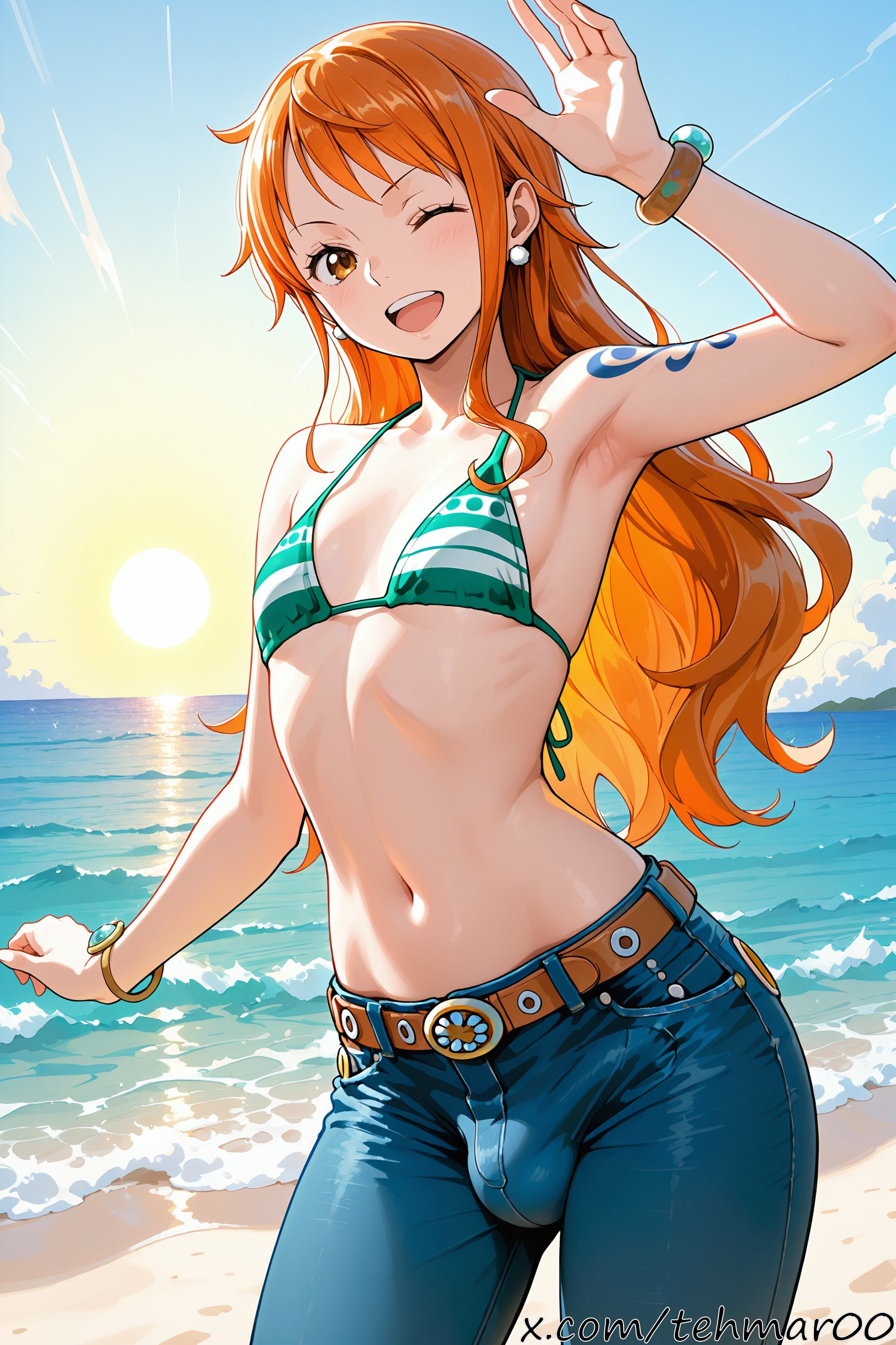 1boy, ai generated, arm up, armpits, bangs, beach, belt, bikini, bikini top only, blue sky, bracelet, breasts, bulge, collarbone, cowboy shot, day, denim, earrings, femboy, genderswap (ftm), green bikini, jeans, jewelry, long hair, looking at viewer, male, male nami, male only, nami (one piece), navel, ocean, one eye closed, one piece, open mouth, orange eyes, orange hair, outdoors, pants, rule 63, sand, shore, sky, smile, solo, standing, striped, sunlight, tagme, tattoo, teeth, tehmar, trans woman, transfem, trap, water