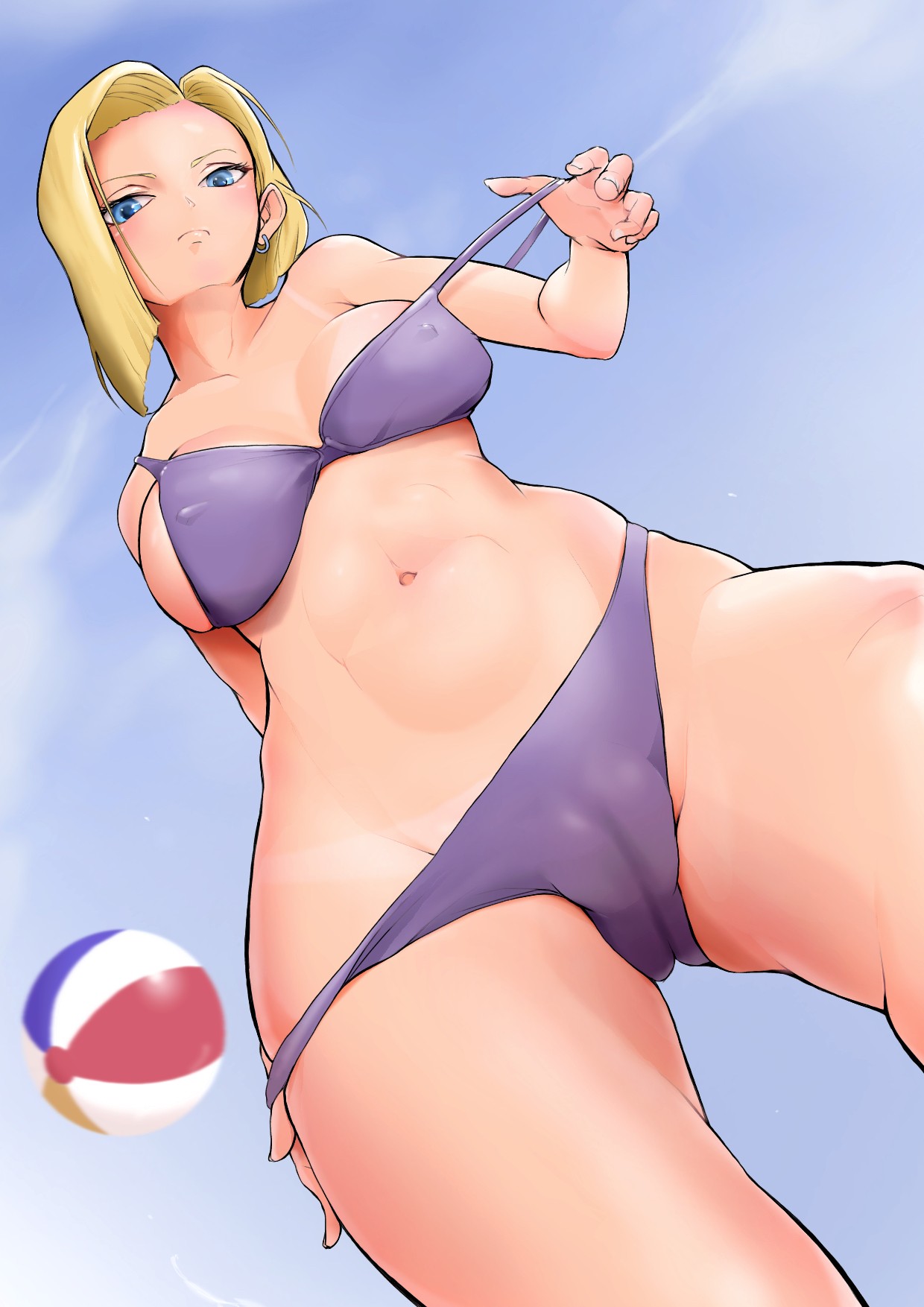 1girls, abs, adult, adult female, android 18, arm behind back, bare belly, bare chest, bare hands, bare hips, bare legs, bare midriff, bare navel, bare shoulders, bare thighs, beach ball, belly, belly button, big breasts, bikini, bikini aside, bikini bottom, bikini only, bikini pull, bikini top, bikini top aside, bikini top pull, blank expression, blank eyes, blank stare, blonde eyebrows, blonde female, blonde hair, blonde-haired female, blue eyes, blue sky, blue-eyed female, breasts, breasts apart, busty, busty female, camel toe, cameltoe, cleft of venus, clouds, collarbone, curtained hair, curvaceous, curvaceous body, curvaceous female, curvaceous figure, curvaceous hips, curvy, curvy body, curvy female, curvy figure, curvy hips, day, daytime, digital, digital art, digital drawing, digital drawing (artwork), digital media, digital media (artwork), dragon ball, dragon ball super, earrings, elbows, emotionless, exposed arms, exposed belly, exposed chest, exposed hips, exposed legs, exposed midriff, exposed navel, exposed shoulders, exposed skin, exposed thighs, female, female focus, female only, fingernails, fingers, groin, half naked, half nude, halterneck, hand behind back, head tilt, high resolution, highres, hourglass figure, inguinal crease, inguinal ligament, large boobs, large breasts, lean figure, looking at viewer, looking down, looking down at viewer, mature, mature female, medium hair, midriff, muscular, muscular female, naked, naked female, naked woman, narrow waist, navel, neutral expression, nipple bulge, nude, nude female, nudity, outdoor nudity, outdoors, outside, parted bangs, partially exposed vulva, partially visible vulva, pixiv id 74411726, plump breasts, plump pussy, plump vulva, purple bikini, purple bikini bottom, purple bikini top, purple string bikini, purple swimsuit, purple swimwear, pussy, pussy lips, semi nude, shoulders, simple background, sky, slender body, slender waist, slim waist, solo, standing, stomach, string bikini, swimsuit, swimsuit aside, swimsuit pull, swimwear, thick thighs, thigh gap, thighs, tilted head, underboob, upper body, vulva, vulva line, wide hips, yellow eyebrows, yellow hair, yellow-haired female