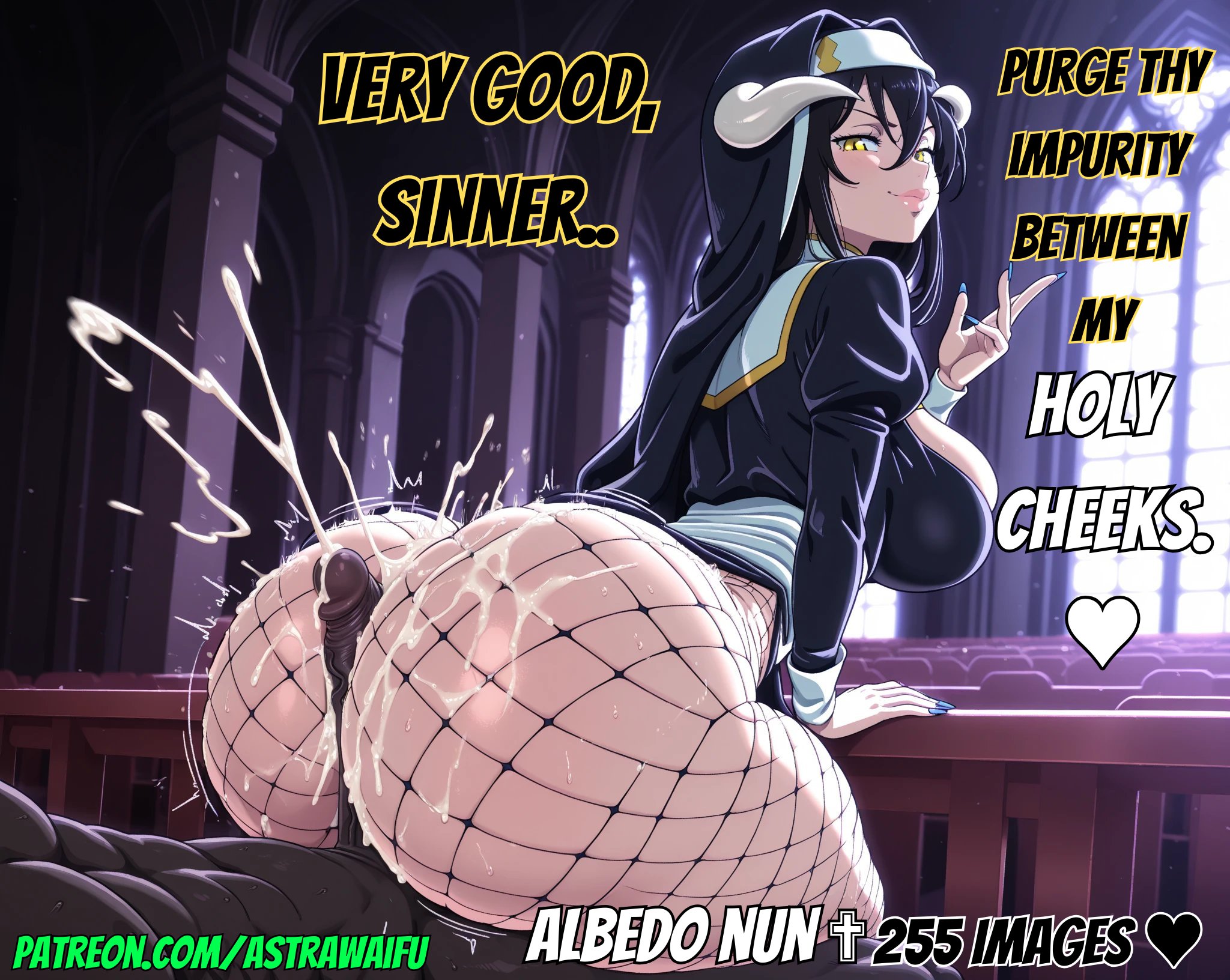 1boy, ai art, ai generated, albedo (overlord), ass, assjob, astrawaifu, big ass, big butt, big penis, black hair, buttjob, covered buttjob, cum, cum on ass, cumshot, dark-skinned male, female, hot dogging, huge ass, huge cock, interracial, large ass, large penis, light-skinned female, male, nun, nun outfit, overlord (maruyama), penis, sitting on lap, yellow eyes