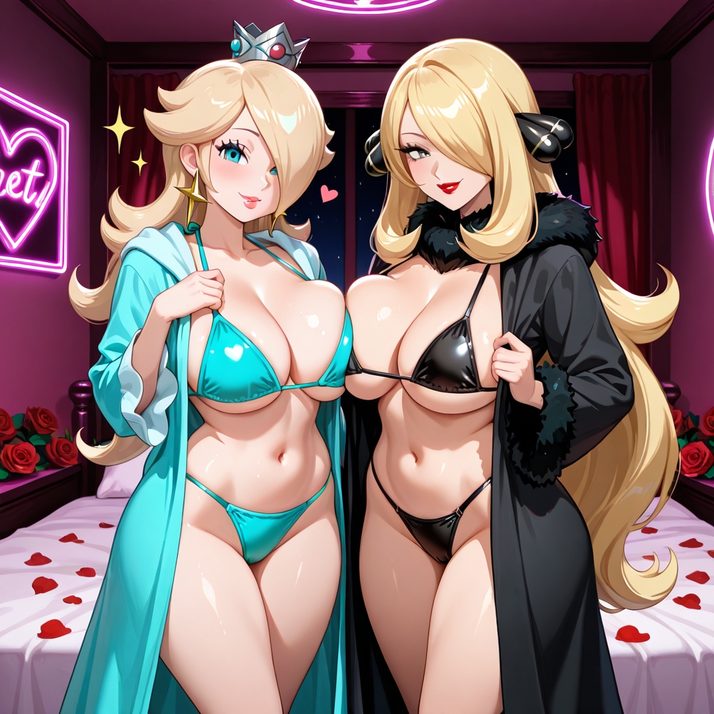 2girls, ai generated, bedroom, bikini, black bikini, black robe, blonde hair, blue bikini, blue robe, crossover, cynthia (pokemon), female, mario (series), nintendo, pokemon, princess rosalina, super mario bros.