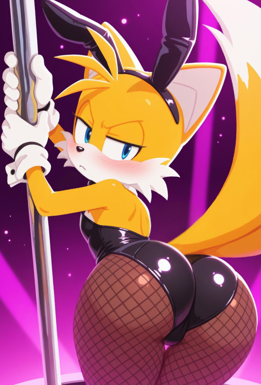 1anthro, 1boy, 1femboy, 1furry, 2 tails, ahoge, ai assisted, ai generated, anthro, anthro femboy, anthro focus, anthro furry, ass, ass focus, back view, bending over, black bunnysuit, black nose, blue eyes, blush, blush lines, blushing at viewer, blushing femboy, bow, bow tie, bunny costume, bunnysuit, butt focus, button nose, canine, civitai, collar, coloredbin.ai, cufflink, curvy anthro, curvy femboy, embarrassed expression, embarrassed femboy, facial hair, fake animal ears, fake rabbit ears, female, femboy, femboy anthro, femboy focus, femboy furry, femboy only, fishnet legwear, fishnet stockings, fishnets, flat chest, flat chested, fox boy, fox ears, fox humanoid, fox tail, frown, frowning, frowning at viewer, full body, full body view, fully clothed, fully clothed anthro, furry, furry anthro, furry femboy, furry focus, furry only, handwear, headband, holding bar, holding pole, large ass, large butt, lidded eyes, looking at viewer, male, miles tails prower, mobian, mobian (species), mobian fox, orange fur, orange hair, pole, presenting, presenting ass, presenting butt, purple background, purple lighting, rabbit ears, rabbit headband, rear view, round ass, round butt, solo, solo anthro, solo female, solo focus, solo furry, sonic (series), sonic the hedgehog (series), stockings, stripper pole, tails, tails the fox, tie, two-tone fur, two-tone hair, white collar, white facial hair, white fur, white gloves, white hair