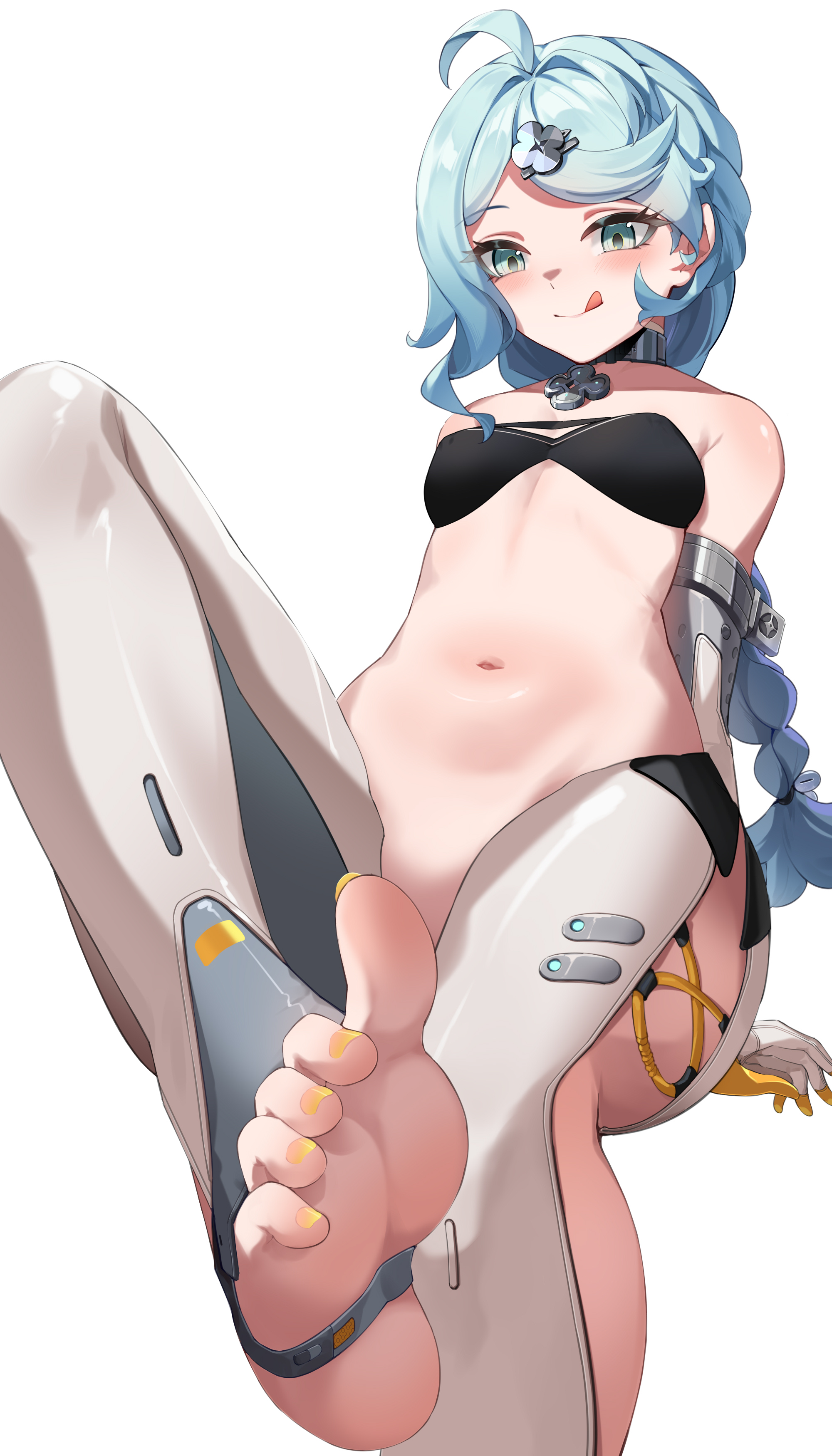 bare belly, bare shoulders, belly, big toes rise, blue hair, bottomless, breasts, feet, feibai, female, foot fetish, foot focus, half naked, hoyoverse, licking lips, light blue hair, mihoyo, no panties, one leg up, pussy, pussy barrier, seed (zenless zone zero), sitting, small breasts, stirrup legwear, thighs, toe scrunch, toenail polish, toes, toes choki pose, zenless zone zero