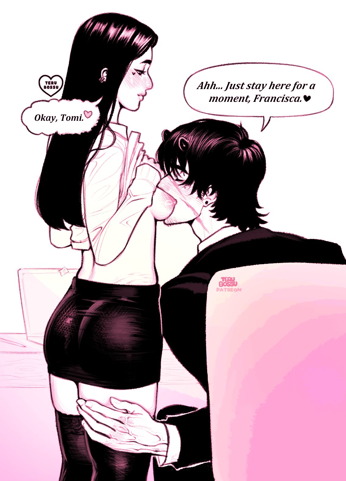 1boy1girl, big nipples, breasts, breasts out, dominant, dominant male, domination, face in breasts, female, femsub, imminent sex, male, maledom, original, original character, perky breasts, perky nipples, shirt lift, shirt up, small breasts, submissive, submissive female, terubossu, tiny breasts