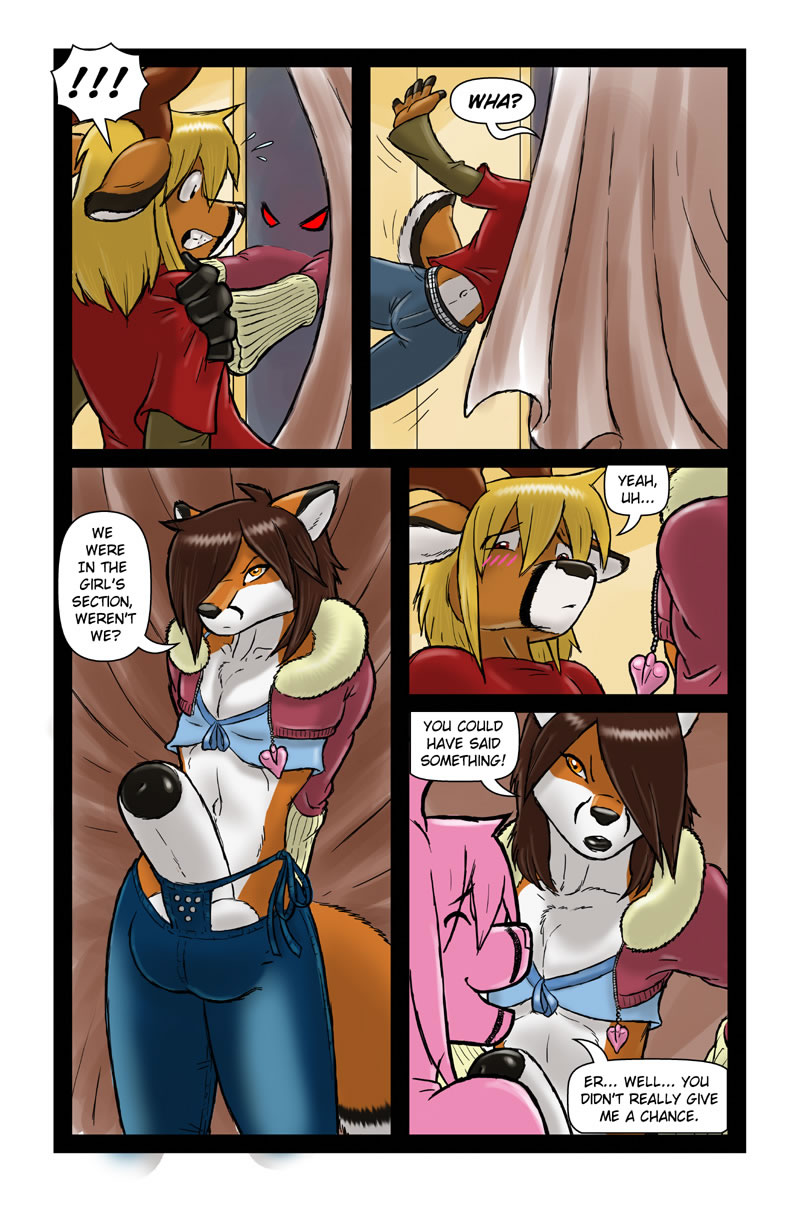 anthro antlers balls big_balls blush canine cervine comic cox crossdressing deer fox fur furry gideon girly horns hyper male male_only orange_eyes penis red_eyes ruger