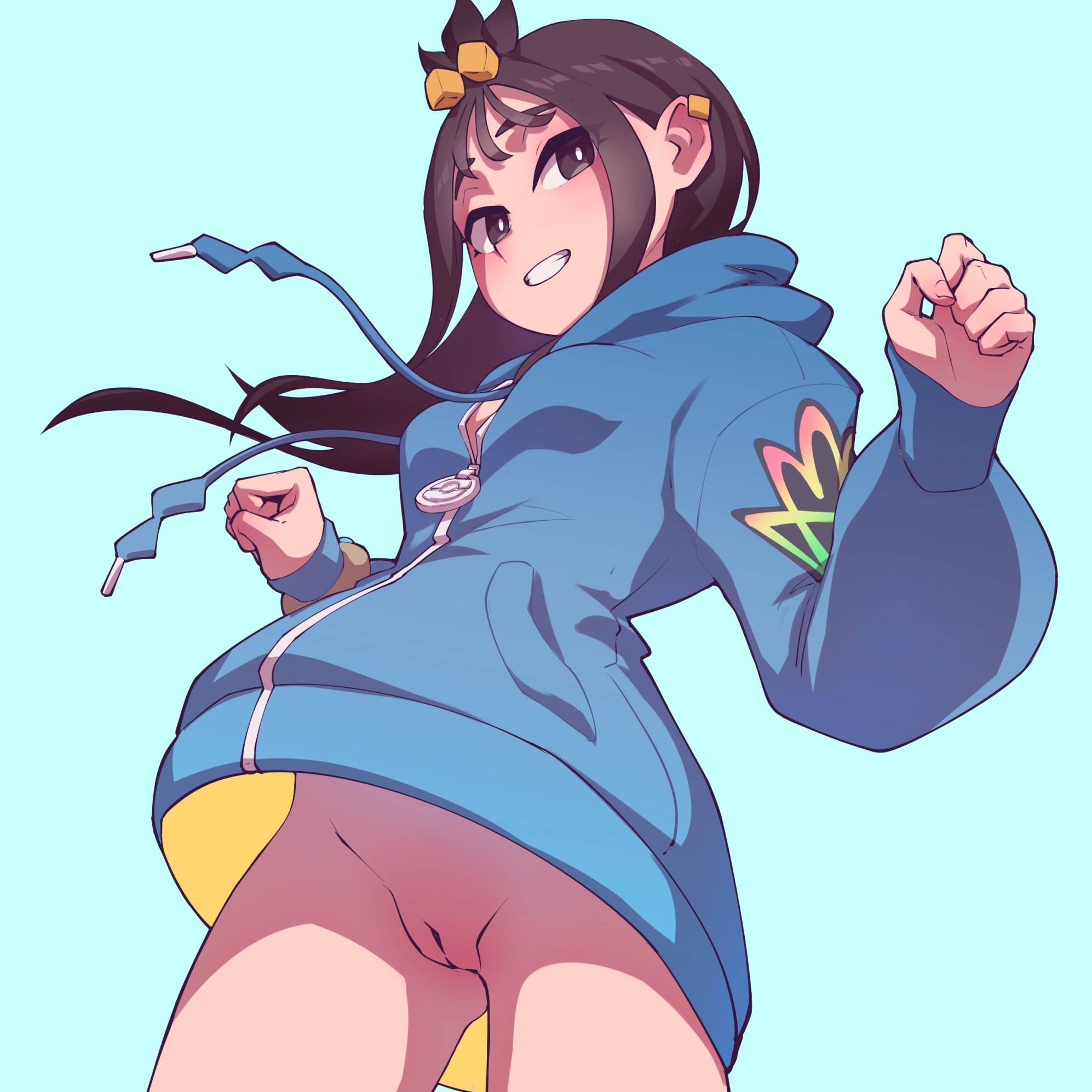 1girls, absurdres, black eyes, black hair, blue background, blue hoodie, blue theme, bottomless, bright pupils, clenched hands, commentary request, cube hair ornament, duro (pokemon), earclip, female, female human, floating hair, from below, game freak, grin, hair, hair ornament, hej, hej 510, highres, hood, hood down, hoodie, human, lida (pokemon), long hair, long sleeves, nintendo, no panties, pokemon, pokemon legends: z-a, pussy, simple background, sleeves past wrists, smile, solo, tassel, teeth, ties, topknot, upskirt, vagina, vulva, white pupils, zipper pull tab