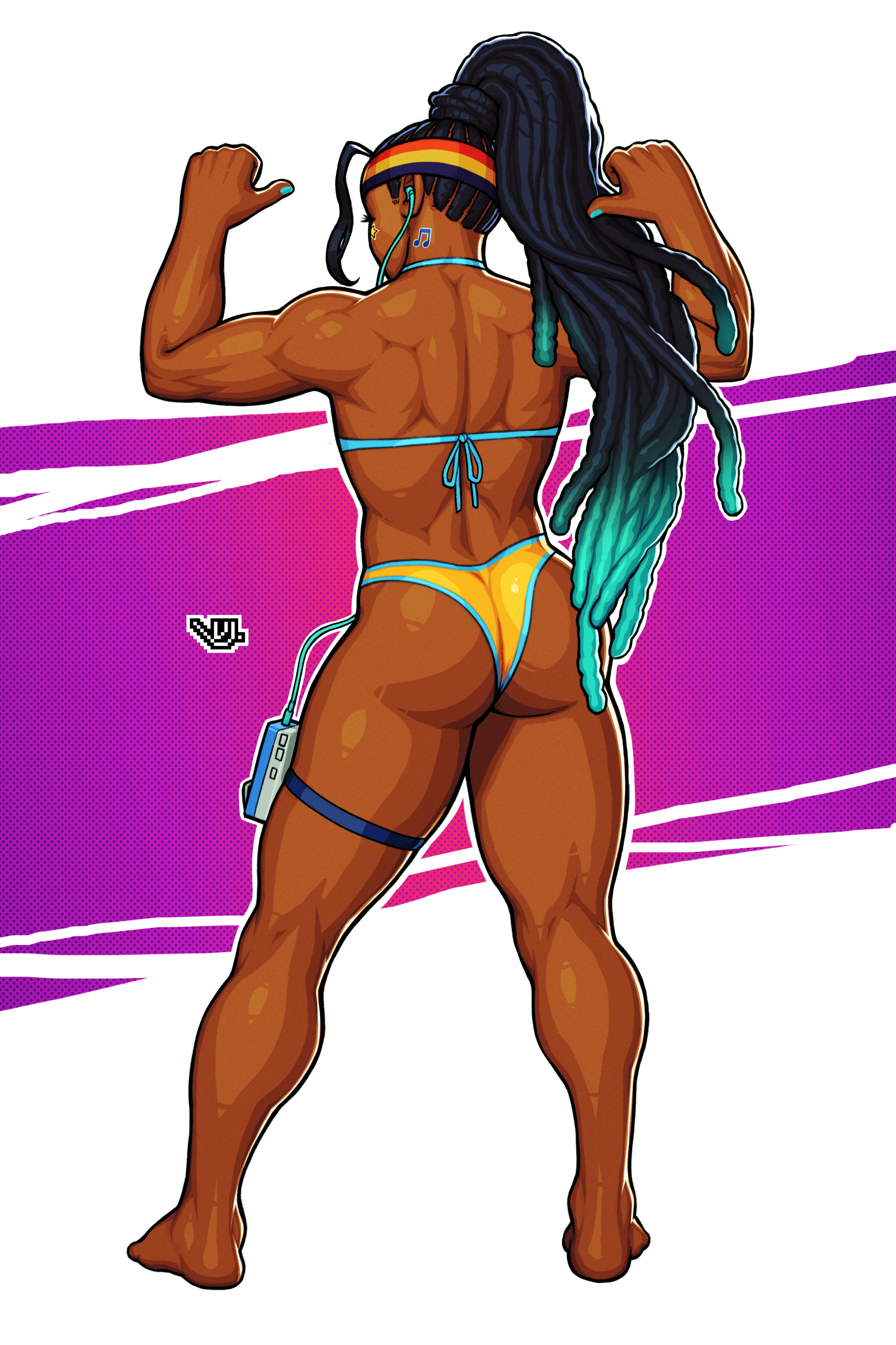 absurd res, absurdres, ass, back view, bikini, black girl, earphones, female, headphones, kimberly jackson, muscular, muscular female, sole female, street fighter, street fighter 6, toned back, toned female, vj99, walkman