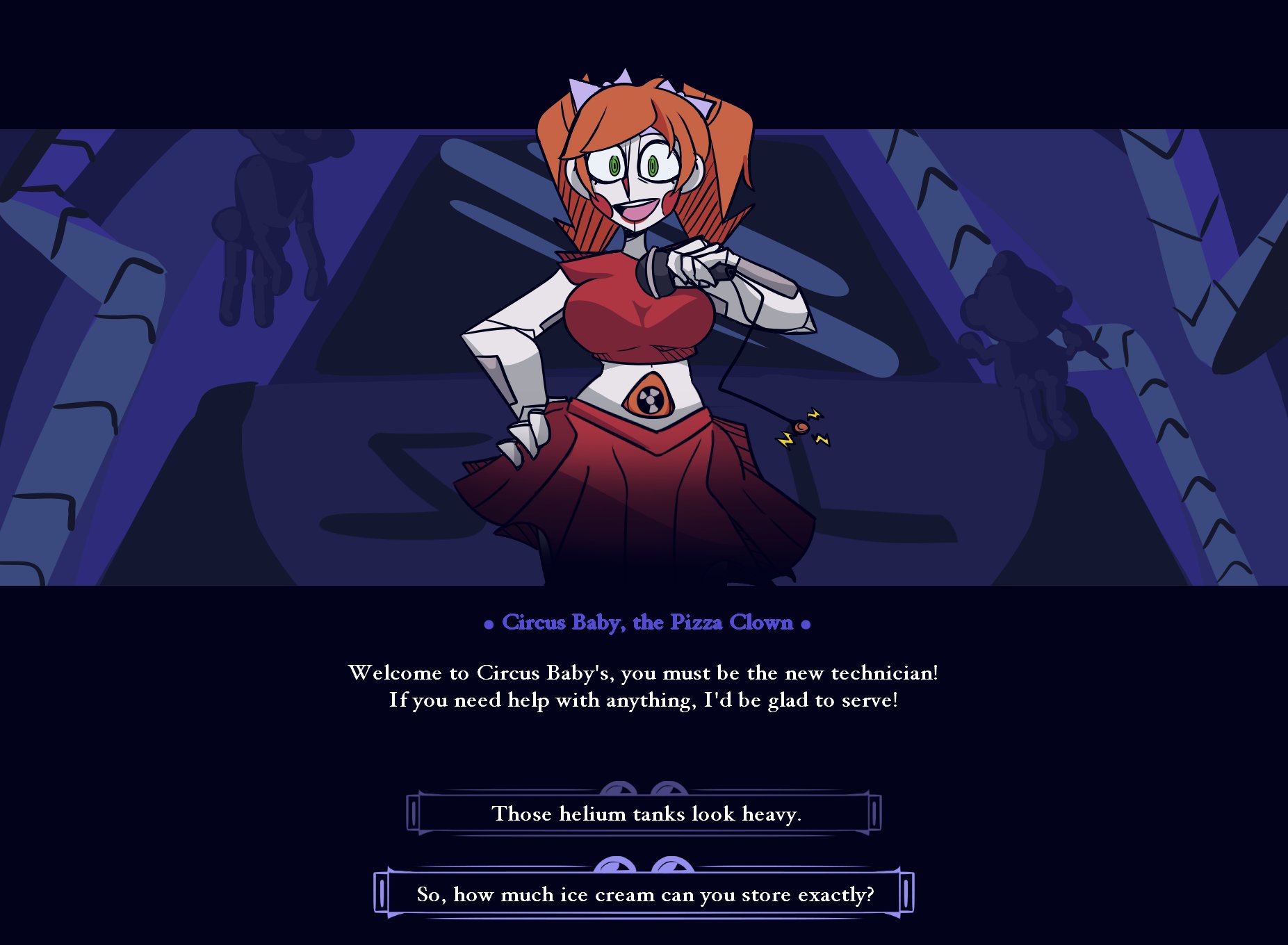 baby (fnafsl), boy saltiest, circus baby, circus baby (fnaf), english, english text, female, five nights at freddy's, green eyes, helltaker, helltaker (style), microphone, mysaltisexposed, orange hair, pigtails, red clothing, robot, robot girl, robot humanoid, solo, twintails
