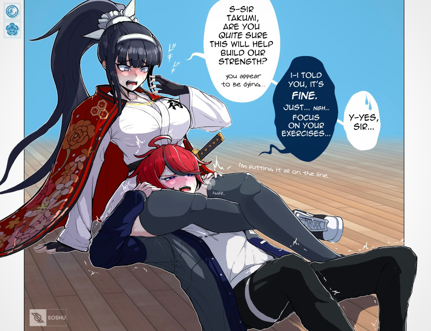 1girls, blue eyes, english text, female, holy jumonji sword, kyoshika magadori, long hair, magadori kyoushika, red hair, soshu (artist), soshuscribbles, speech bubble, sumino takumi, sweat, takumi sumino, text, the hundred line -last defense academy-, thigh squish, thighhighs, thighs