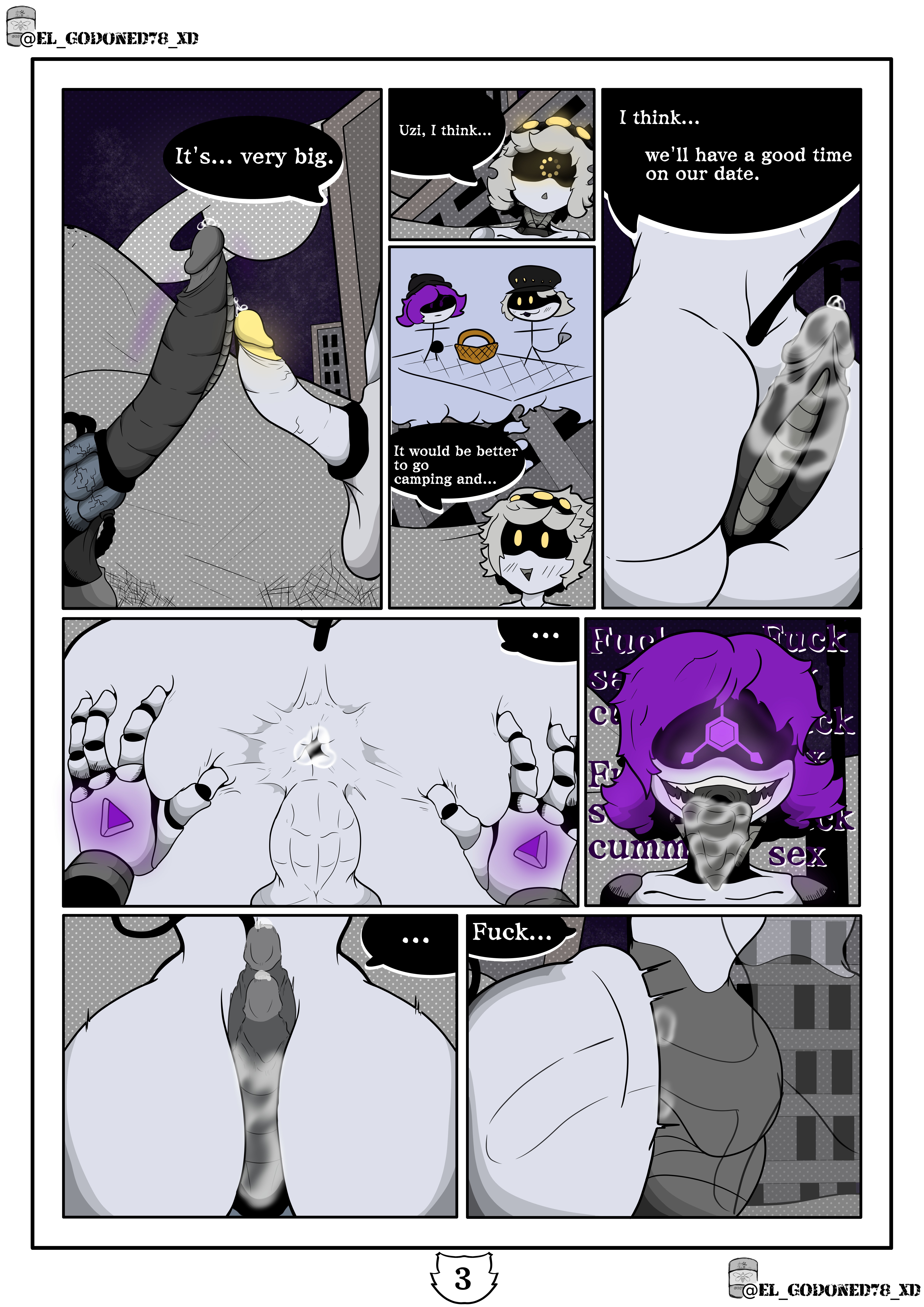 1boy, 1femboy, 1futa, anal, anal insertion, anal sex, anus, anus focus, anus peek, balls, big ass, big penis, cock, comic, comic page, comic panel, cum, cum inside, el godoned78 xd, femboy, futa is bigger, futa on male, futanari, huge ass, huge balls, huge cock, intersex, male, murder drones, n (murder drones), n gets fucked, penetration, penis, robot, robot humanoid, robot penis, robotic arm, sex, small penis, text, text bubble, thick thighs, uzi (murder drones), uzi fucks n, wide hips