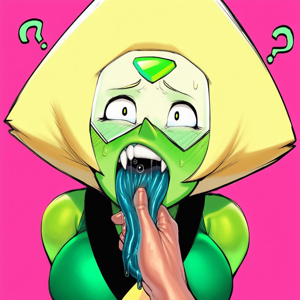 ?, 1boy, 1girls, ai generated, ap, big breasts, blonde hair, breasts, cartoon network, clothing, female, fully clothed, green eyes, looking at viewer, male, male pov, mawshot, open mouth, peridot (steven universe), pink background, pov, saliva, saliva on tongue, solo focus, steven universe, tongue, tongue grab, tongue out, wide eyed