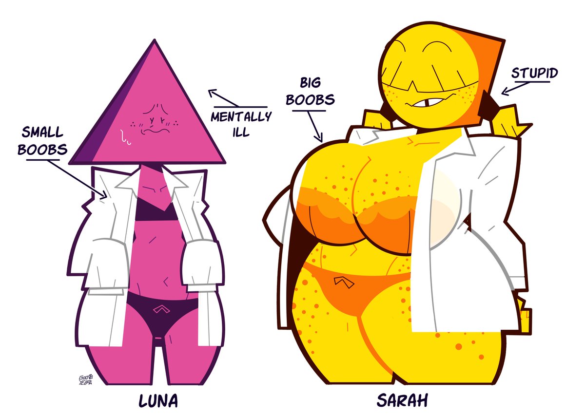 anthro, artist name, big breasts, bra, breast size difference, breasts, coat, english text, female, female focus, female only, flat chest, freckles, freckles on breasts, freckles on face, goodbyellow, height difference, humanoid, luna (valerian high), original, original character, panties, pink body, pyramid, pyramid head (shape), sarah (valerian high), sexy, shape head, simple background, size difference, small breasts, tagme, text, thighs, twintails, underwear, valerian high, white background, yellow body