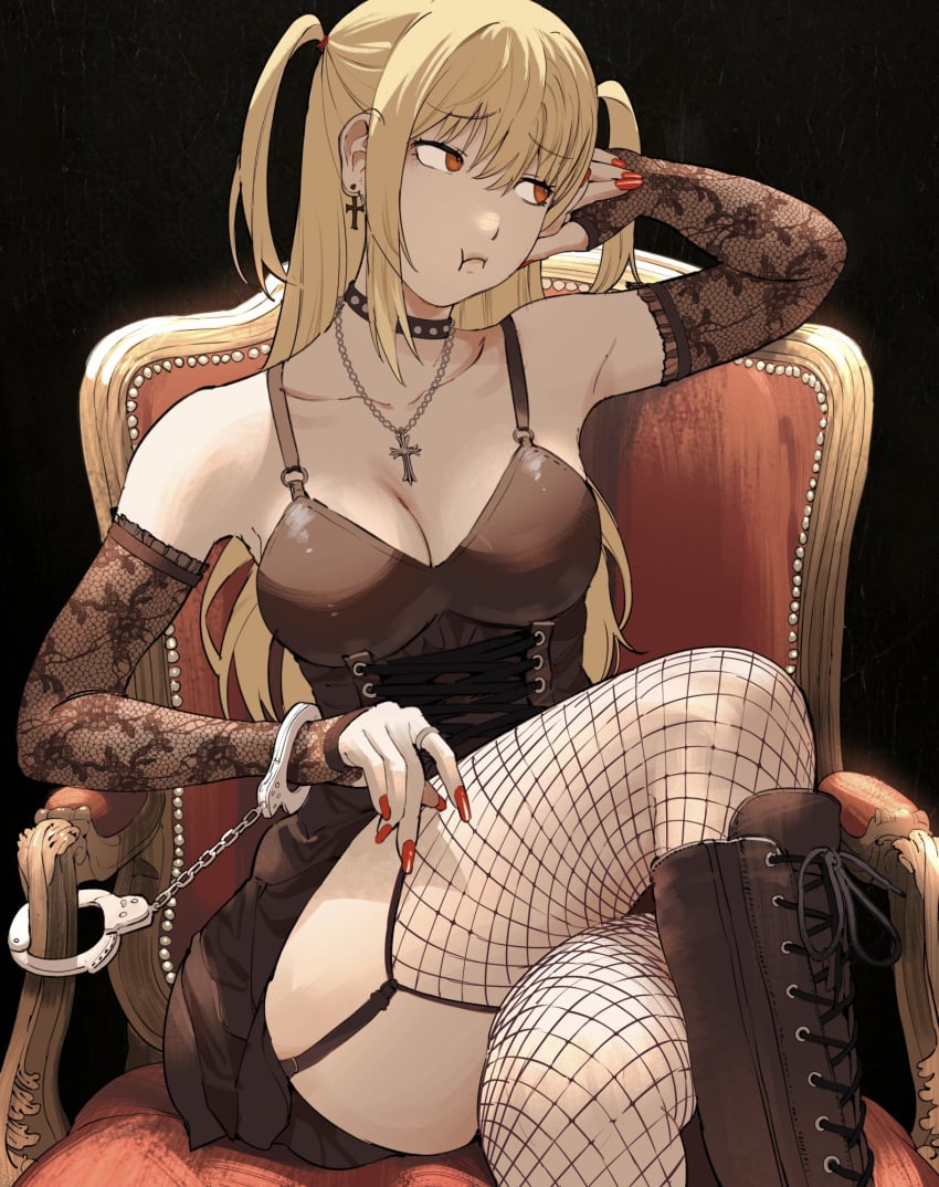 1girls, ai generated, arm, away, bare, black, blonde hair, bondage, boots, bored, breasts, chair, choker, cleavage, corset, cross, crossed, cuffs, death note, detached, dress, earrings, elbow, eyes, female, fingernails, fishnet, fishnets, garter, gloves, goth, gothic, hair, handcuffed, handcuffs, jewelry, knee, lace, leaning, legs, legwear, light, light skin, long, looking, medium, misa amane, nail, nails, necklace, on, polish, pout, red, restrained, shoulders, side, sitting, skin, sleeves, solo, stockings, straps, thighhighs, thighs, twintails, two, up