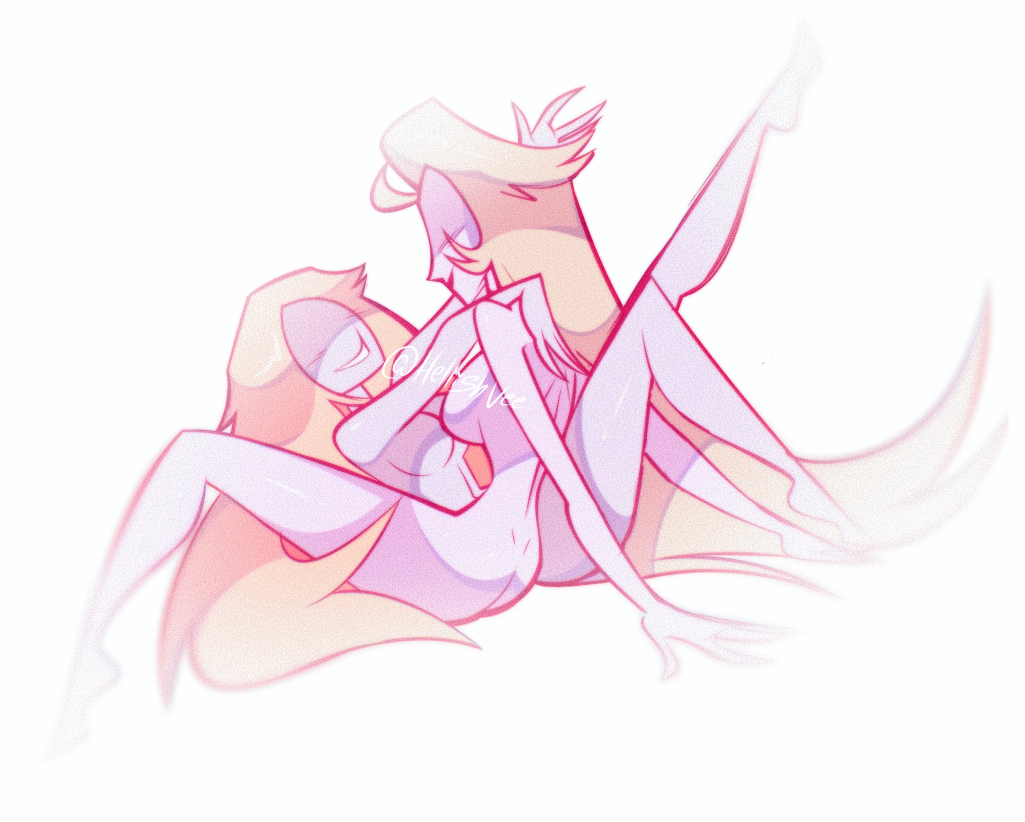 2girls, 2milfs, ass, blonde hair, blush, breasts, eve (hazbin hotel), female, hands around neck, hazbin hotel, hellishvee (artist), laying down, lilith morningstar (hazbin hotel), mature female, milf, milfs, mother, nude, romantic, romantic couple, smile, wife, wife and wife, yuri