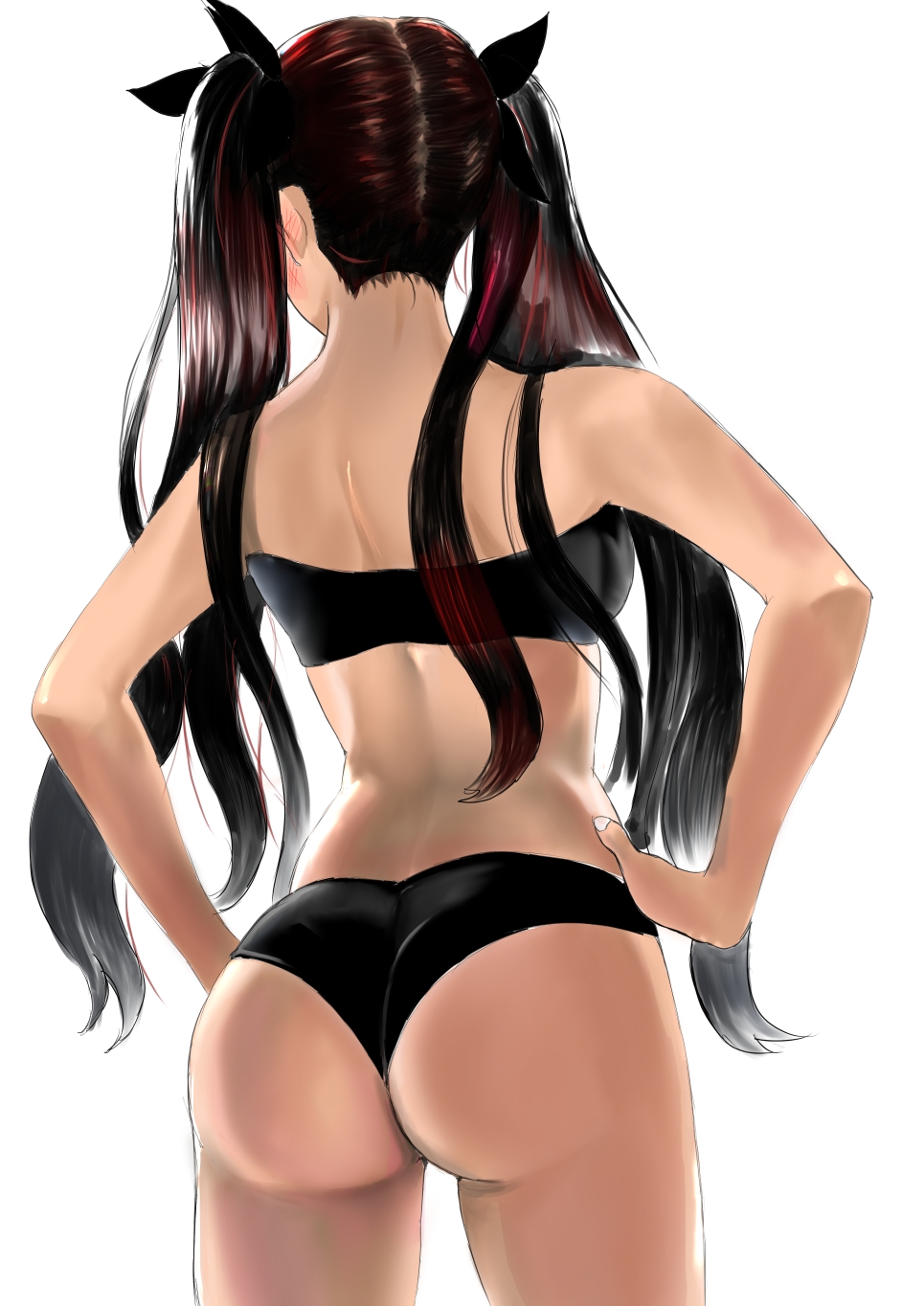 1girls, ass, ass focus, back, back facing viewer, back view, big ass, black bra, black hair, black panties, blush, bra, breasts, commentary request, ear blush, facing away, fate (series), fate/stay night, female, female only, from behind, fujibori, hair ribbon, hands on own hips, highres, light-skinned female, long hair, long sidelocks, panties, ribbon, sidelocks, simple background, solo, tohsaka rin, twintails, underwear, underwear only, very long hair, white background