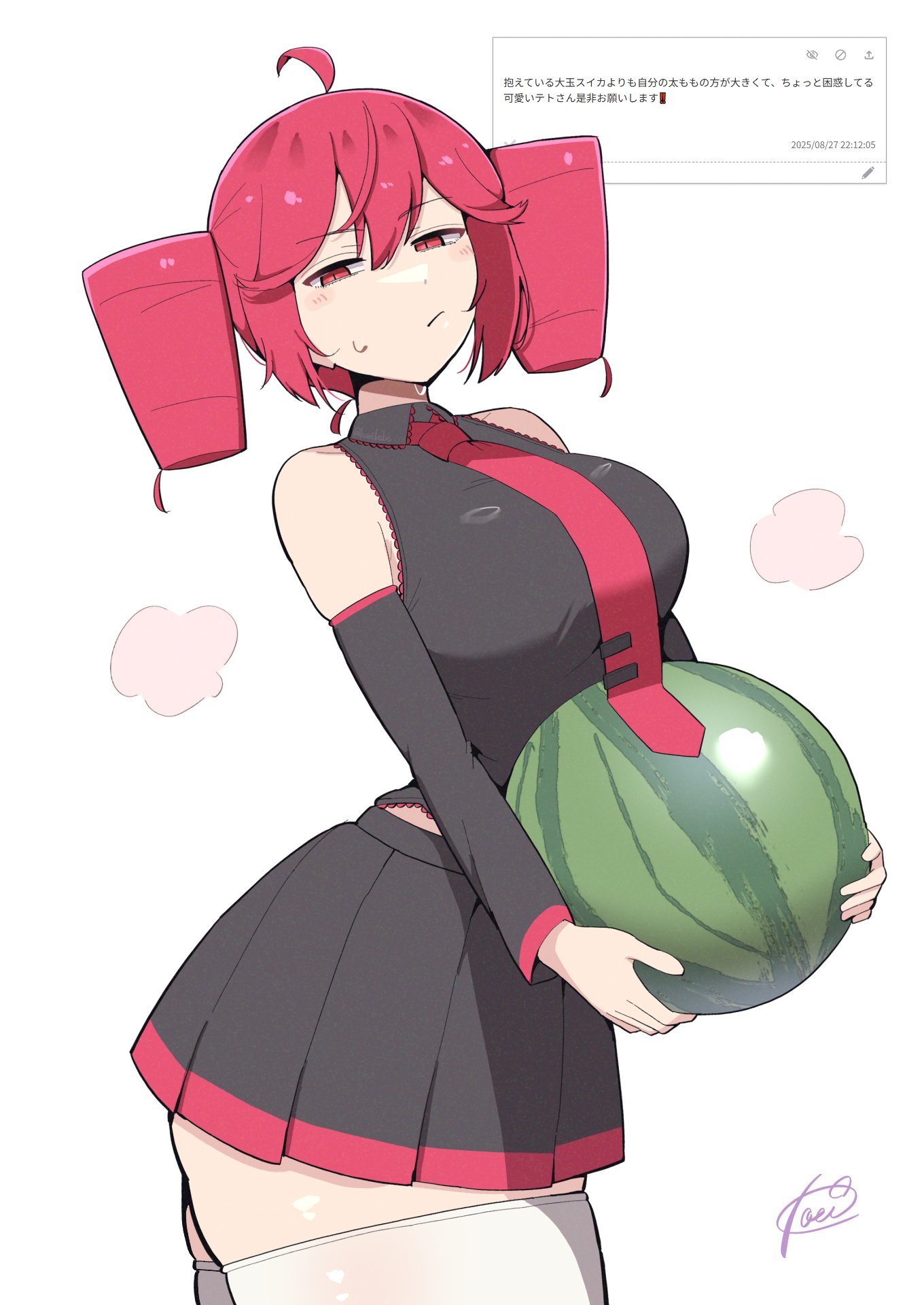 :/, 1girls, 2d, 2d (artwork), ahoge, annoyed, annoyed expression, arched back, artist name, artist signature, bare shoulders, big breasts, big thighs, black shirt, black skirt, breasts, closed mouth, clothed, clothed female, clothing, collared shirt, cowboy shot, curvaceous, curvy, curvy female, curvy figure, detached sleeves, drill hair, female, female only, food, fruit, fully clothed, hair between eyes, half-closed eyes, highres, holding, holding food, holding fruit, holding watermelon, hourglass figure, huge breasts, huge thighs, kasane teto, koeikobo, kooei, large breasts, large thighs, long sleeves, looking at viewer, massive thighs, miniskirt, necktie, pleated skirt, plump, plump thighs, red eyes, red hair, red necktie, request, request inset, ring light reflection, shiny skin, shirt, signature, simple background, skindentation, skirt, slim waist, solo, solo female, standing, sweat, sweating, thick thighs, thighhighs, thighs, thighs bigger than head, thighs bigger than torso, twin drills, utau, watermelon, white background, white thighhighs