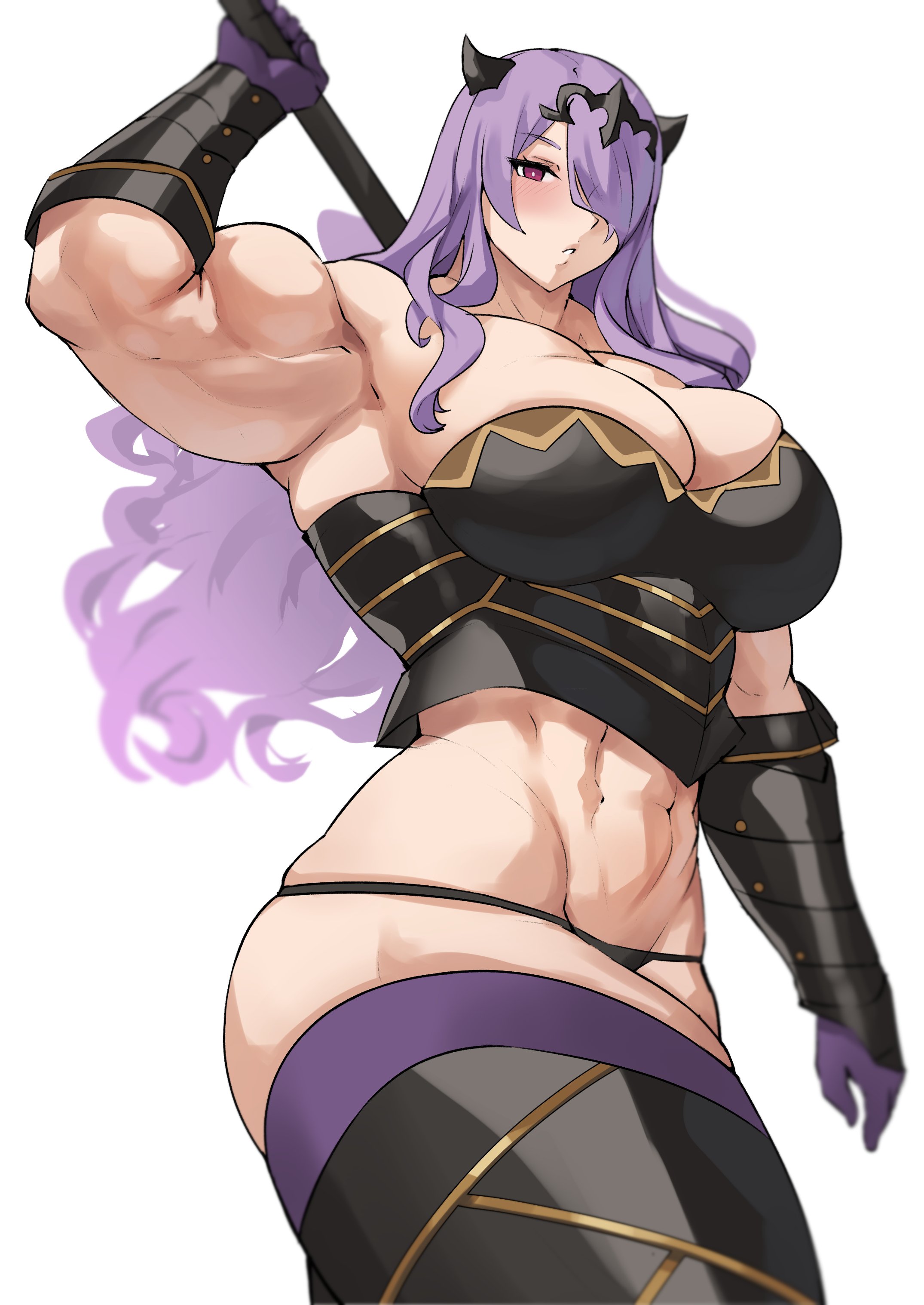 1girls, 2022, abs, armor, axe, big breasts, black panties, breasts, camilla (fire emblem), cleavage, female, female only, fire emblem, fire emblem fates, hair over one eye, huge breasts, long hair, looking at viewer, matching hair/eyes, musctonk, muscular, muscular arms, muscular female, muscular thighs, nintendo, no bra, panties, purple eyes, purple hair, simple background, skindentation, solo, thick thighs, thighs, underwear, weapon, white background