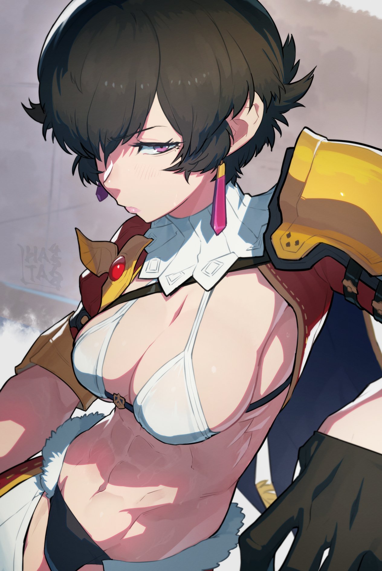 2022 abs armor black_hair capcom clothed clothing female female_only fiorayne jewelry lhata4564 monster_hunter monster_hunter_rise muscular_female purple_eyes short_hair solo solo_female solo_focus