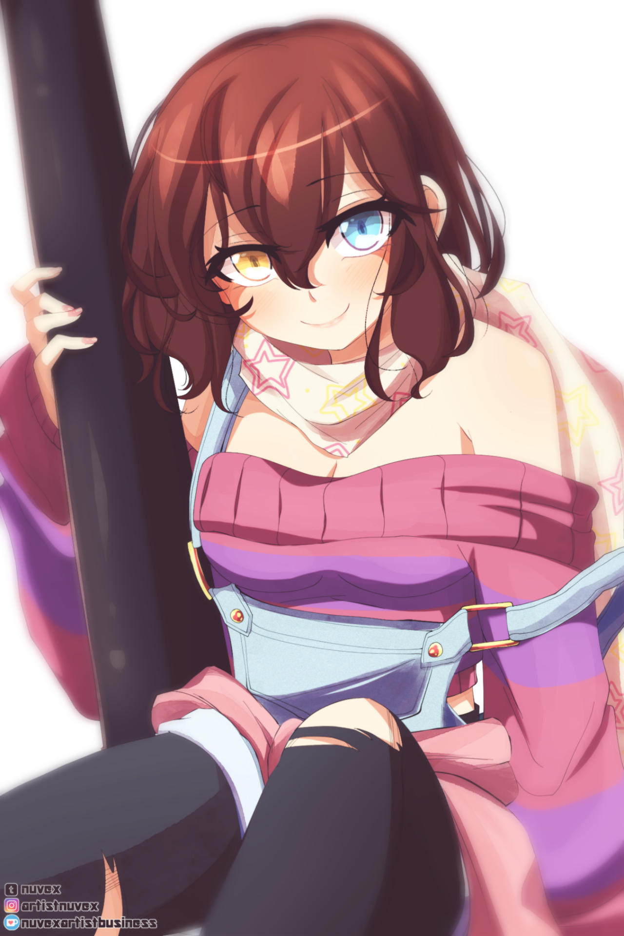 1girls, 2d, blue eyes, blurred background, blurry, blurry background, breasts, female, female frisk, female only, frisk, human, human female, human only, looking at viewer, no background, nuvex, paint, painting, pink shirt, scarf, short hair, sitting, small breasts, solo, undertale, undertale (series), white background, yellow eyes