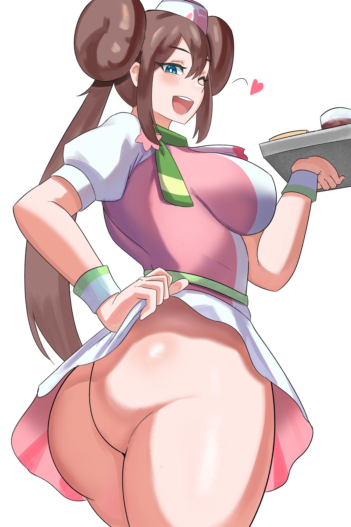 1girls, ass, blue eyes, brown hair, female, female only, hi res, looking at viewer, mei (special costume) (pokemon masters), nintendo, nurse, nurse cap, nurse uniform, one eye closed, pokemon, pokemon masters, rosa (pokemon), rosa (special costume) (pokemon masters), skirt, skirt lift, solo, thighs, wink, winking, ytrall