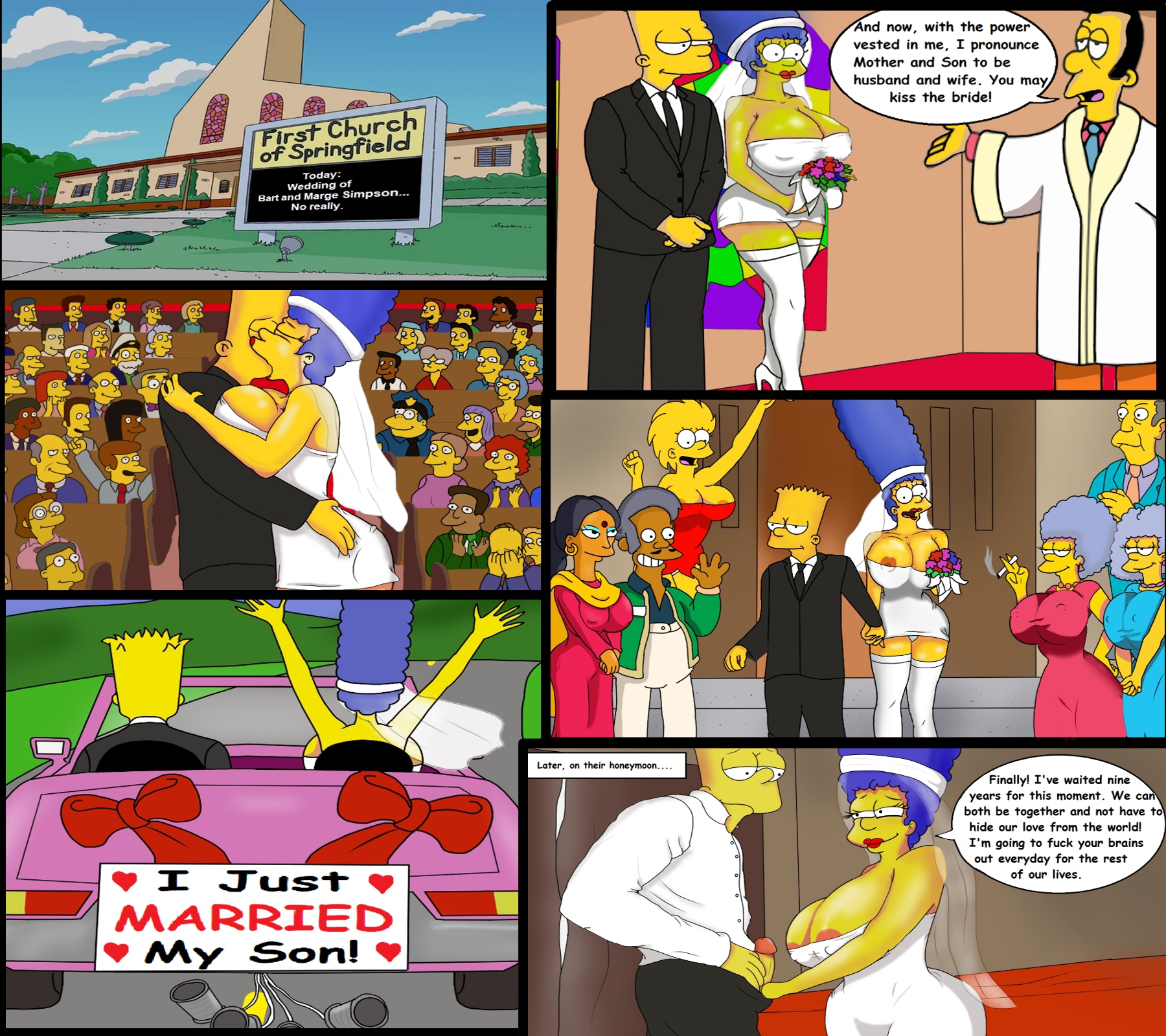 20th century studios, accurate art style, bart simpson, bridal veil, bride, female, homer simpson, incest, lisa simpson, marge simpson, milf, momwife, mother and son, patty bouvier, selma bouvier, the simpsons, wedding, wedding dress, wedding veil, yellow body, yellow skin